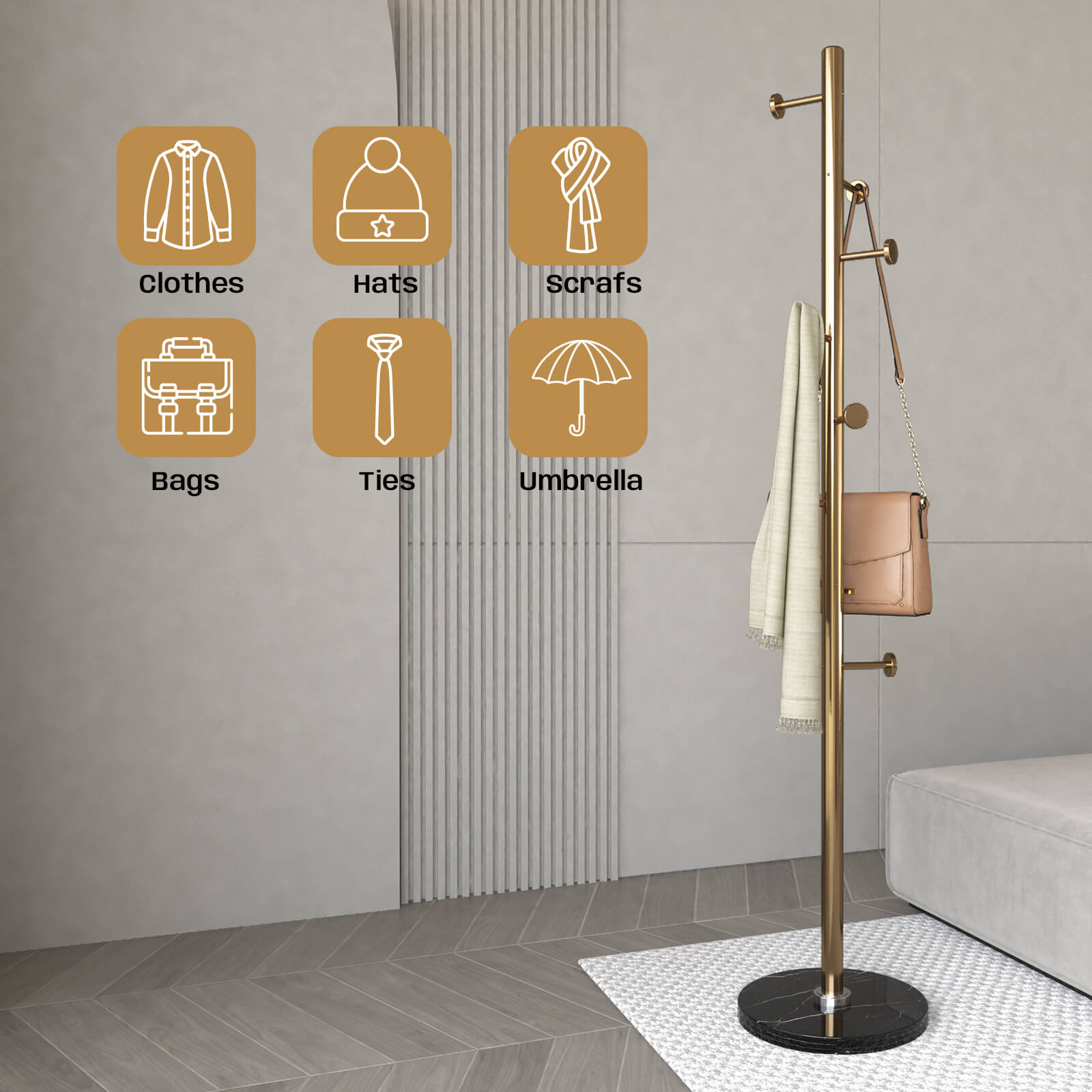Metal Coat Rack Stand, Freestanding Clothes Tree Hanger with 8 Hooks Marble Base, 304 Stainless Steel, Stand Coat Rack for Entryway, Bedroom, Living Room, Office, to Hang Clothes, Hats, Bags