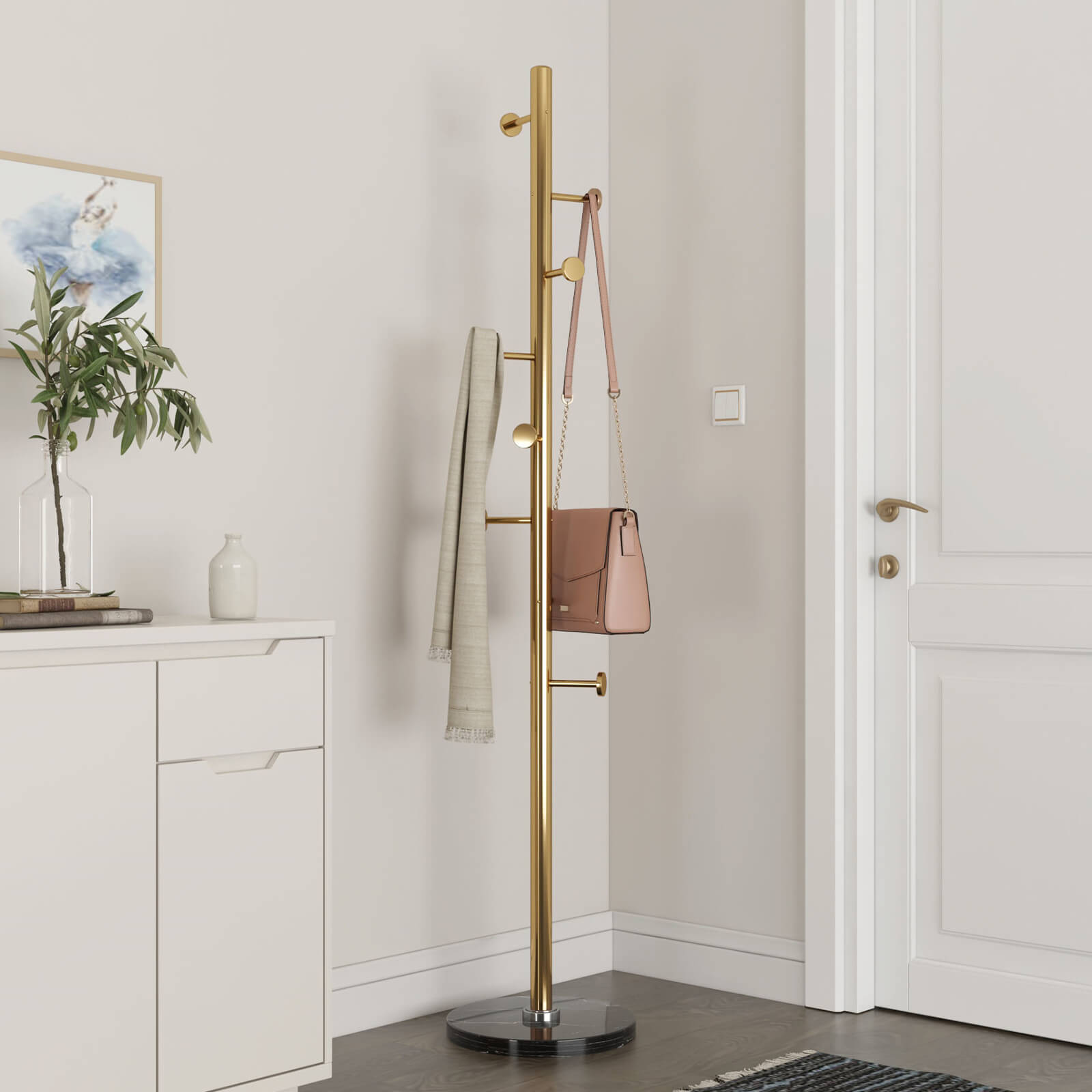 Metal Coat Rack Stand, Freestanding Clothes Tree Hanger with 8 Hooks Marble Base, 304 Stainless Steel, Stand Coat Rack for Entryway, Bedroom, Living Room, Office, to Hang Clothes, Hats, Bags