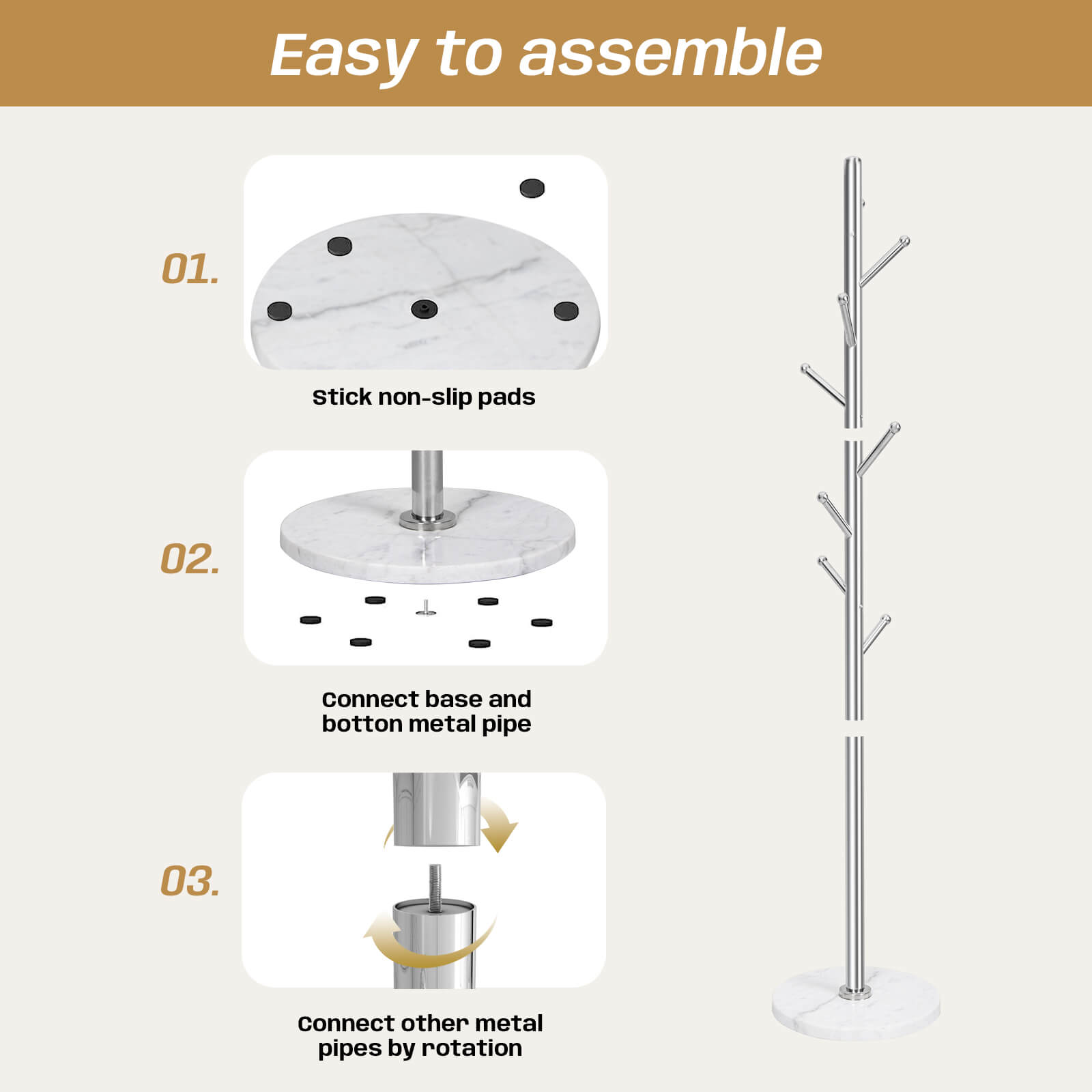 Metal Coat Rack, 8 Hooks Freestanding Coat Rack Tree, Sliver, Marble Base, 304 Stainless Steel, Stand Coat Rack for Entryway, Bedroom, Living Room, Office, to Hang Clothes, Hats, Bag