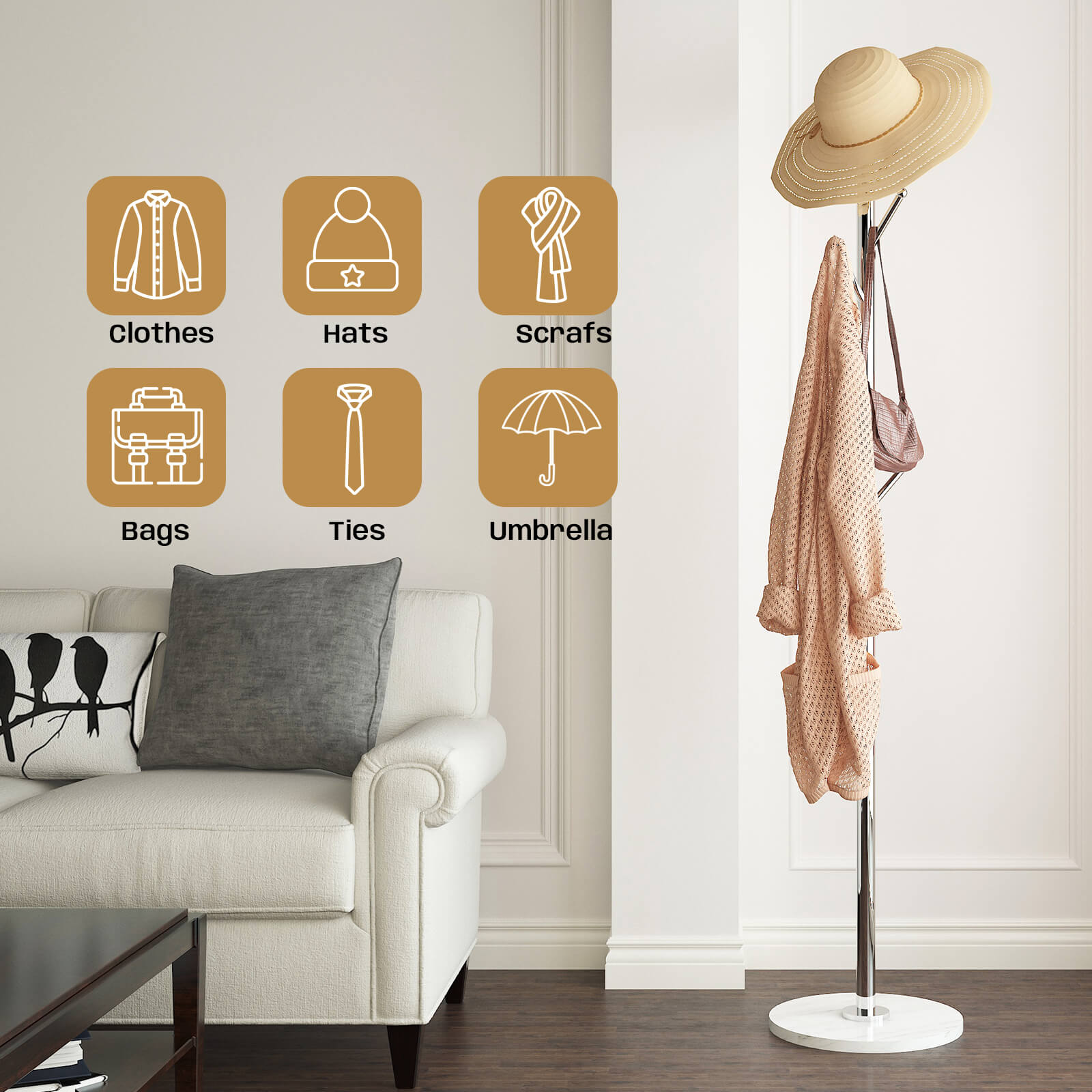 Metal Coat Rack, 8 Hooks Freestanding Coat Rack Tree, Sliver, Marble Base, 304 Stainless Steel, Stand Coat Rack for Entryway, Bedroom, Living Room, Office, to Hang Clothes, Hats, Bag
