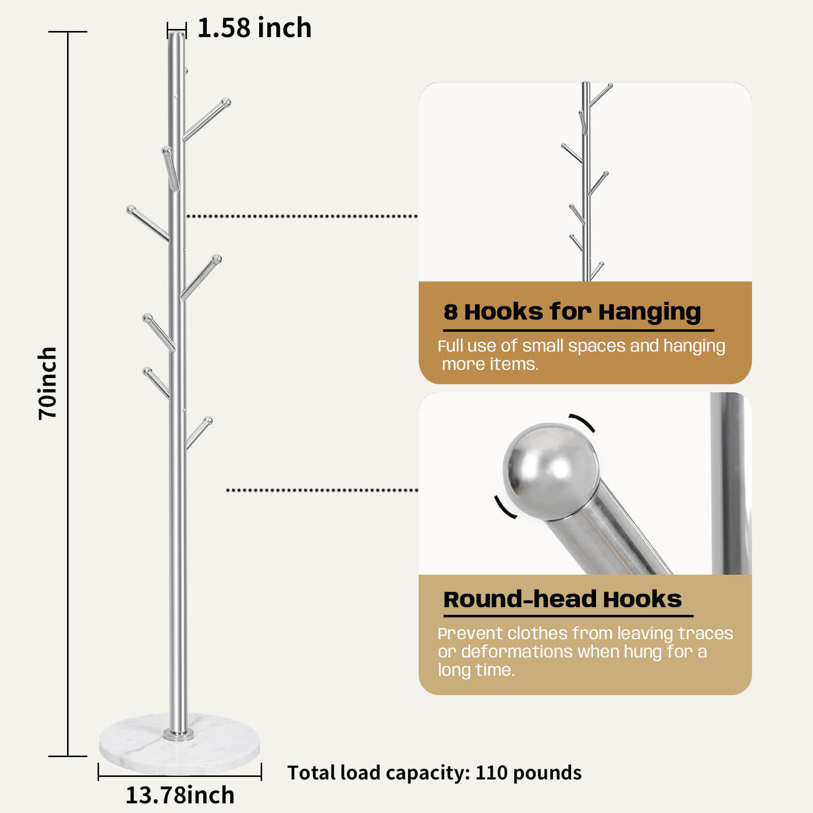 Metal Coat Rack, 8 Hooks Freestanding Coat Rack Tree, Sliver, Marble Base, 304 Stainless Steel, Stand Coat Rack for Entryway, Bedroom, Living Room, Office, to Hang Clothes, Hats, Bag
