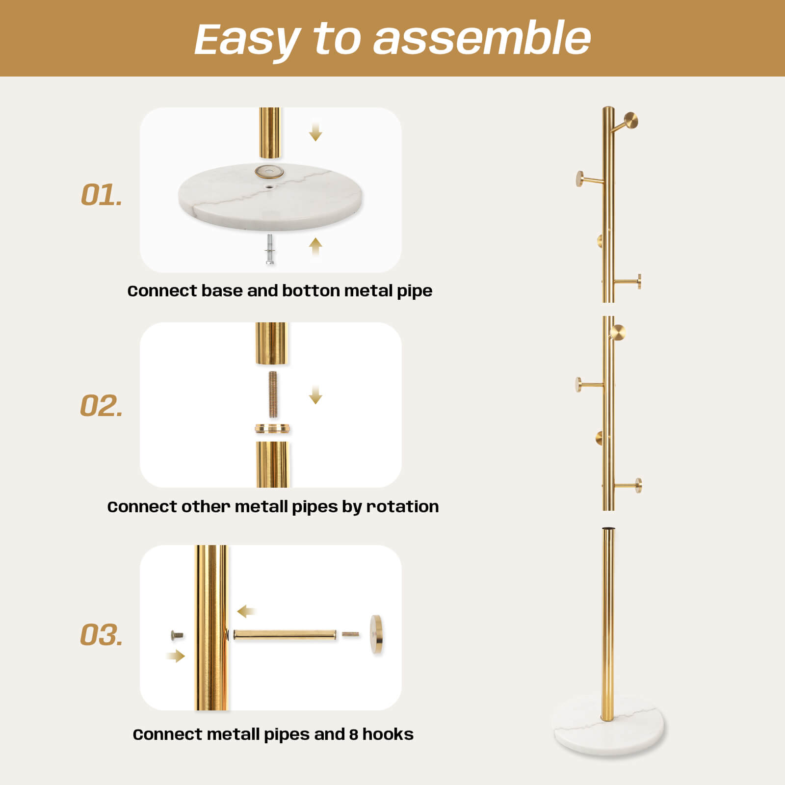 Metal Coat Rack, 8 Hooks Freestanding Coat Rack Tree, Gold Marble Base, 304 Stainless Steel, Stand Coat Rack for Entryway, Bedroom, Living Room, Office, to Hang Clothes, Hats, Bags