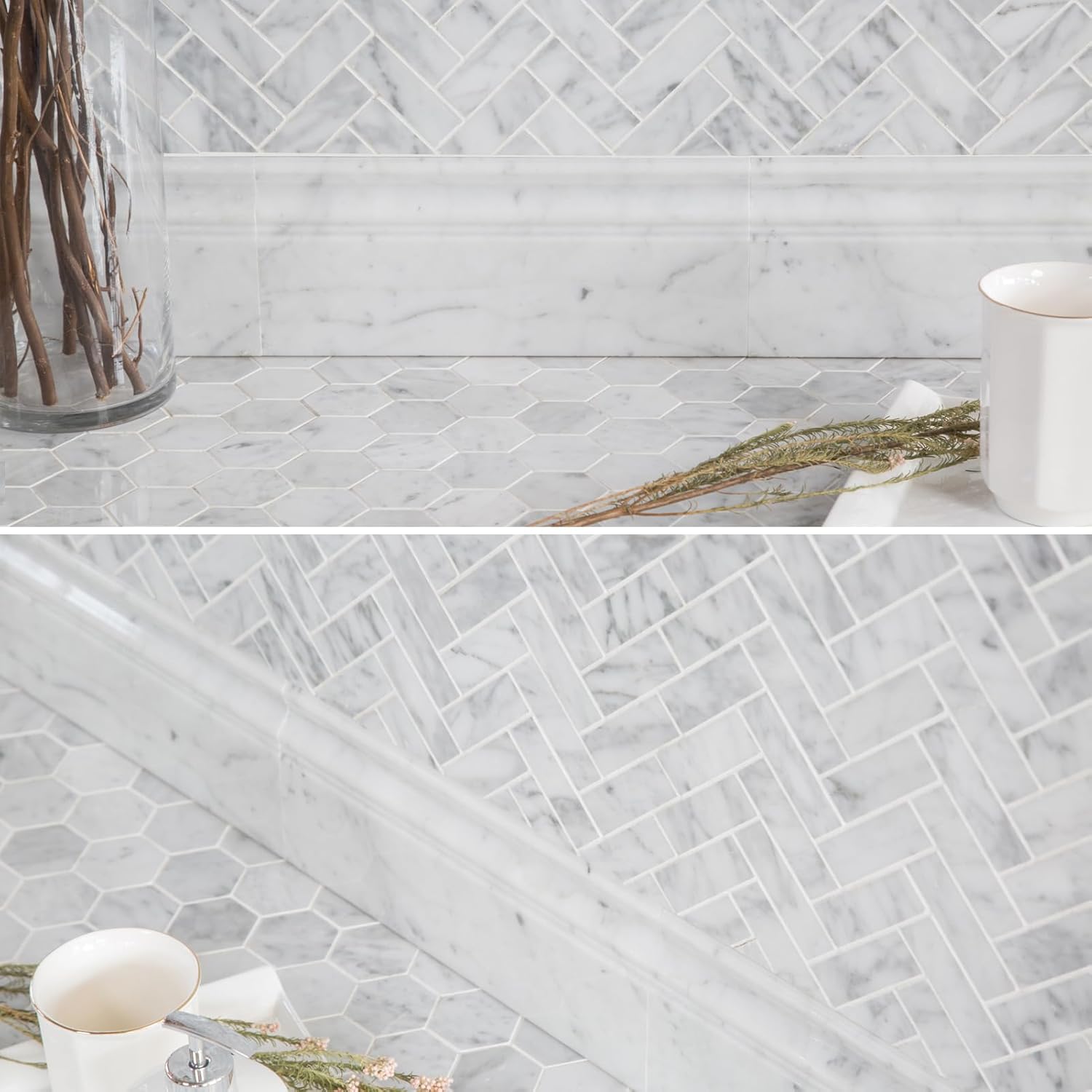 Diflart Carrara White Marble Baseboard Trim Molding, 5x12 Inch, Polished, Bianco Italian Carrera Skirting Base Moulding for Bathroom Wall and Kitchen Backsplash