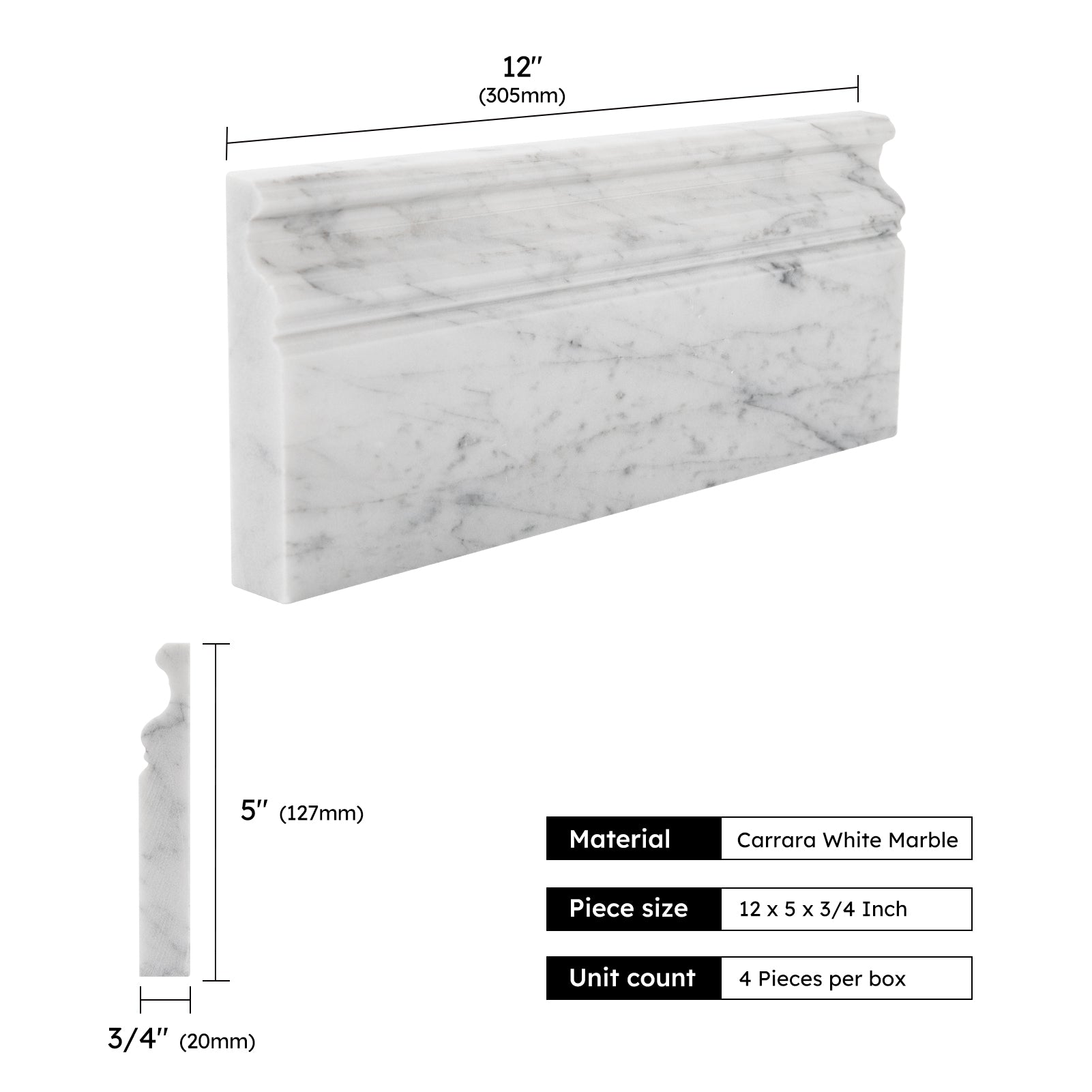 Diflart Carrara White Marble Baseboard Trim Molding, 5x12 Inch, Polished, Bianco Italian Carrera Skirting Base Moulding for Bathroom Wall and Kitchen Backsplash