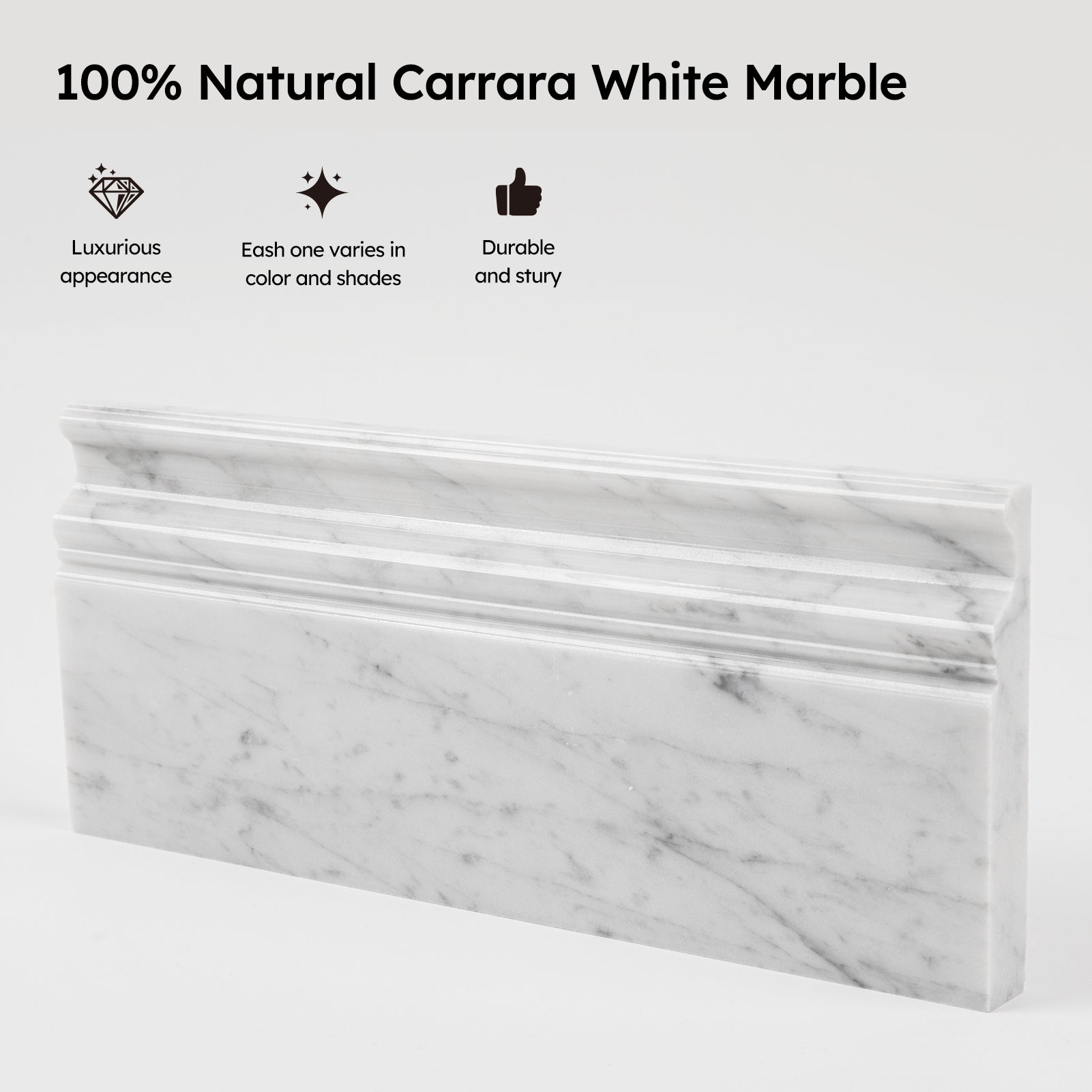 Diflart Carrara White Marble Baseboard Trim Molding, 5x12 Inch, Polished, Bianco Italian Carrera Skirting Base Moulding for Bathroom Wall and Kitchen Backsplash