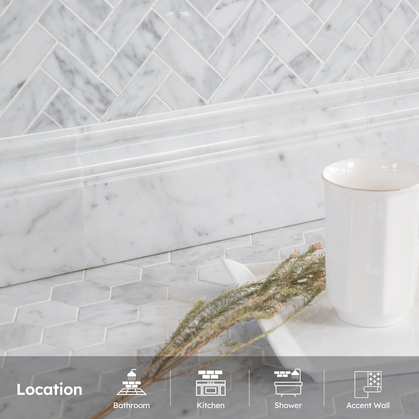 Diflart Carrara White Marble Baseboard Trim Molding, 5x12 Inch, Polished, Bianco Italian Carrera Skirting Base Moulding for Bathroom Wall and Kitchen Backsplash