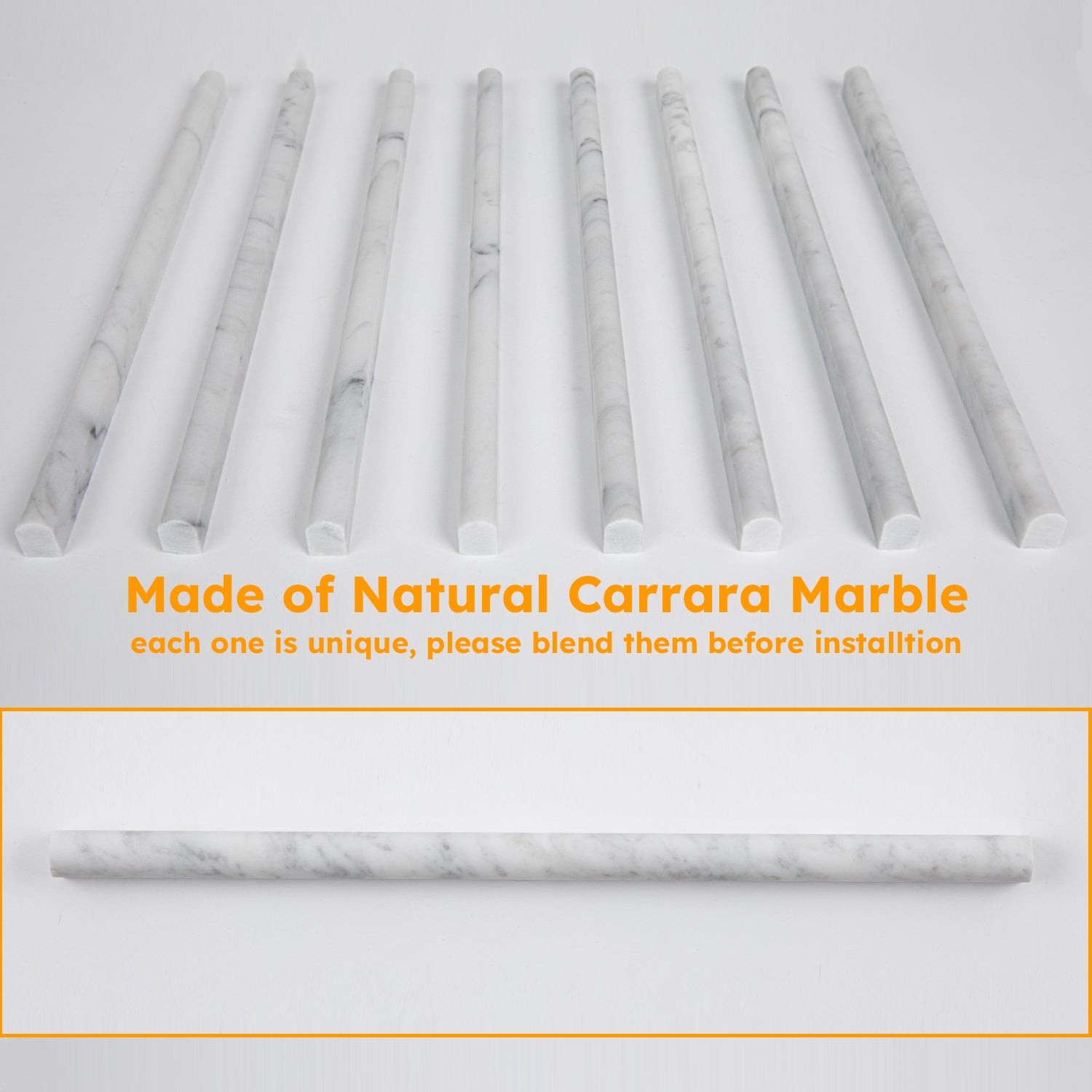 Carrara White Marble Pencil Tile Trim Molding 3/5x12 Inch Honed Pack of 10 Pcs