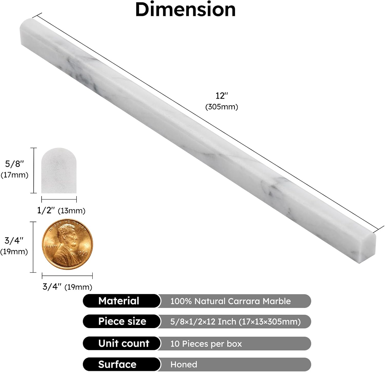 Diflart Carrara White Marble Pencil Trim Liner 1/2 x 12" Bullnose Tile Edge Trim Honed for Bathroom Kitchen Shower Livingroom Pack of 10 Pcs