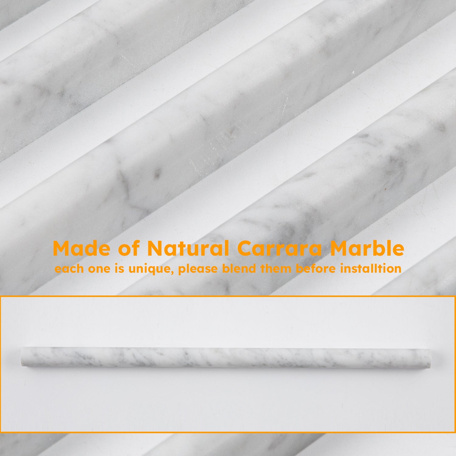 Diflart Carrara White Marble Pencil Trim Liner 1/2 x 12" Bullnose Tile Edge Trim Honed for Bathroom Kitchen Shower Livingroom Pack of 10 Pcs