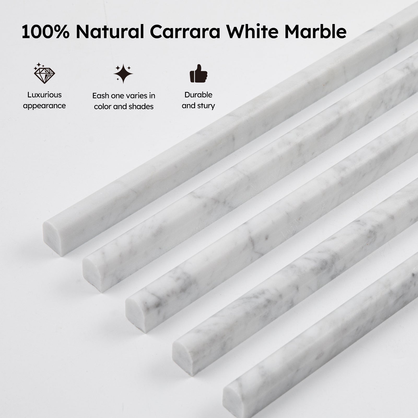 Diflart Carrara White Marble Pencil Trim Liner 1/2 x 12" Bullnose Tile Edge Trim Honed for Bathroom Kitchen Shower Livingroom Pack of 10 Pcs