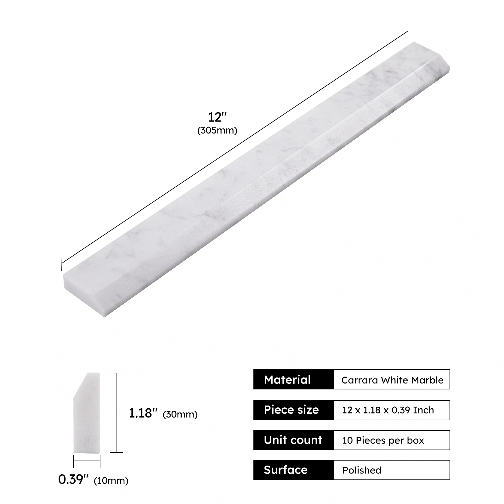 Diflart Carrara White Marble Pencil Trim Liner 3/8 x 12 Bullnose Tile Edge Trim Honed for Bathroom Kitchen Shower Livingroom Pack of 10 Pcs