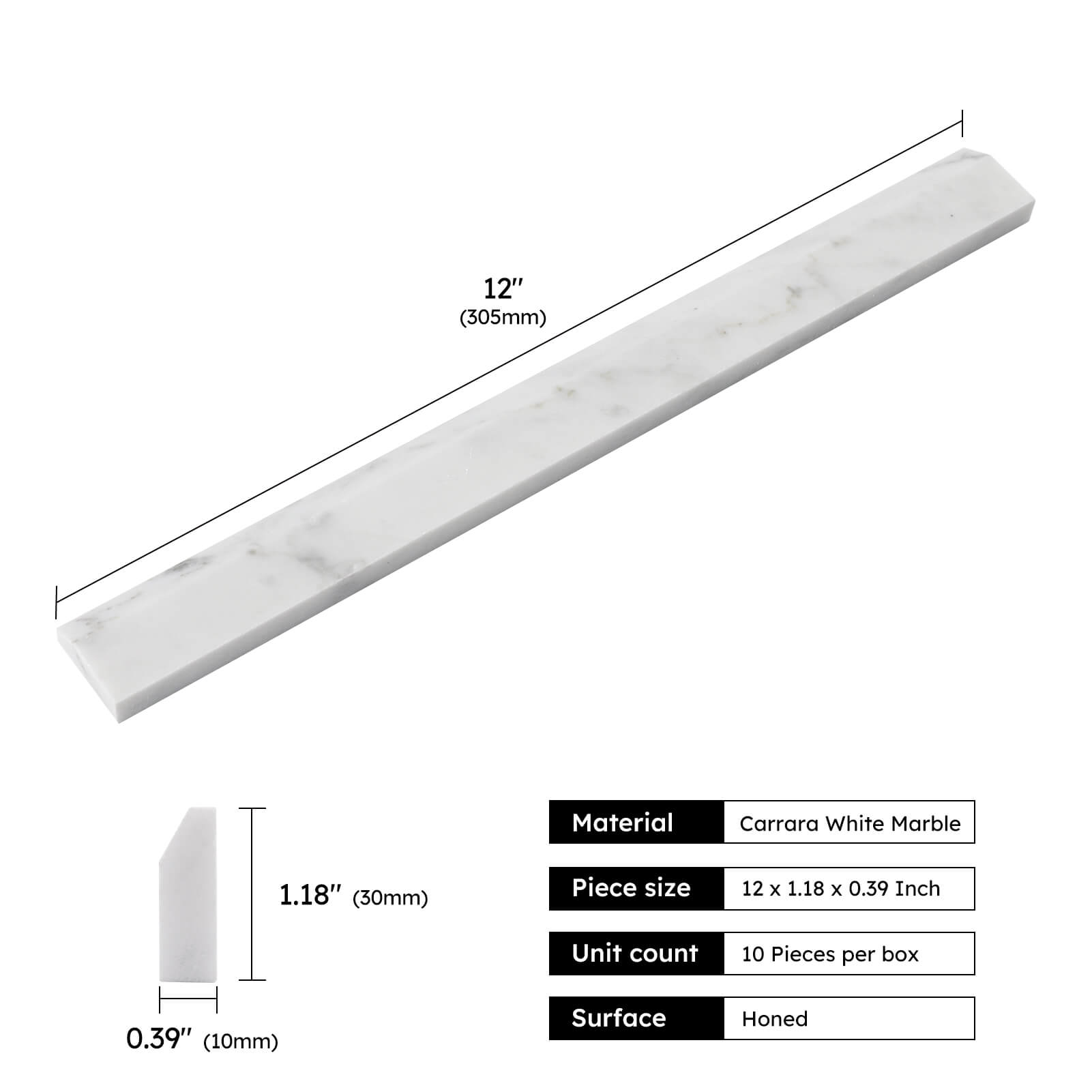 Diflart 10-Pack Carrara White Marble Pencil Liner Trim, 3/8 x 12 Inch, Honed, Marble Tile Edging Corner Trim Molding Bullnose Tile Shower Bathroom Kitchen Livingroom