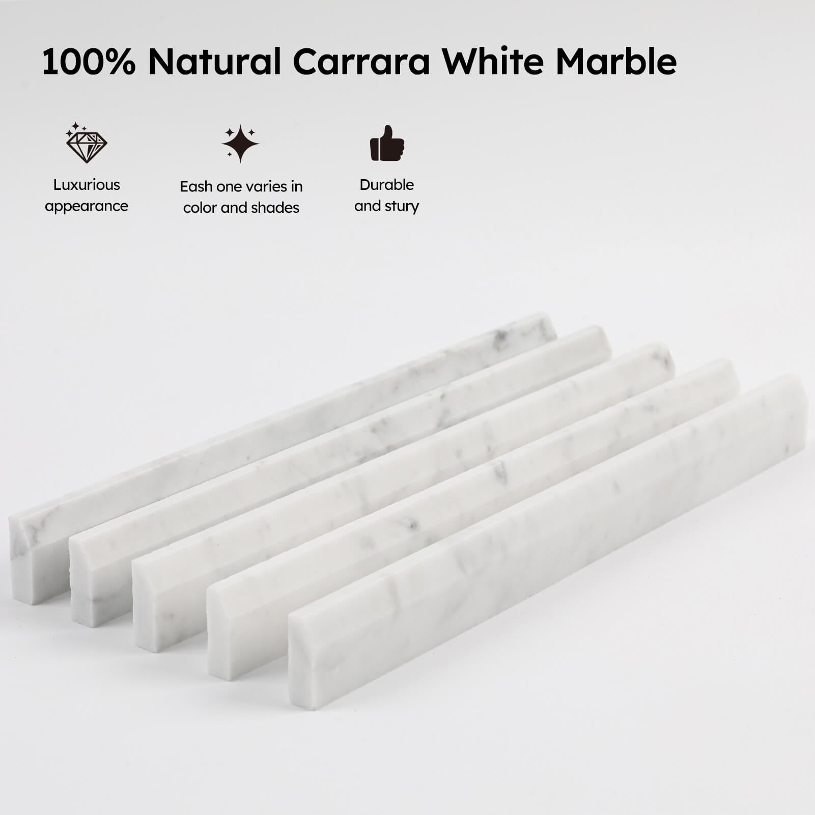 Diflart 10-Pack Carrara White Marble Pencil Liner Trim, 3/8 x 12 Inch, Honed, Marble Tile Edging Corner Trim Molding Bullnose Tile Shower Bathroom Kitchen Livingroom