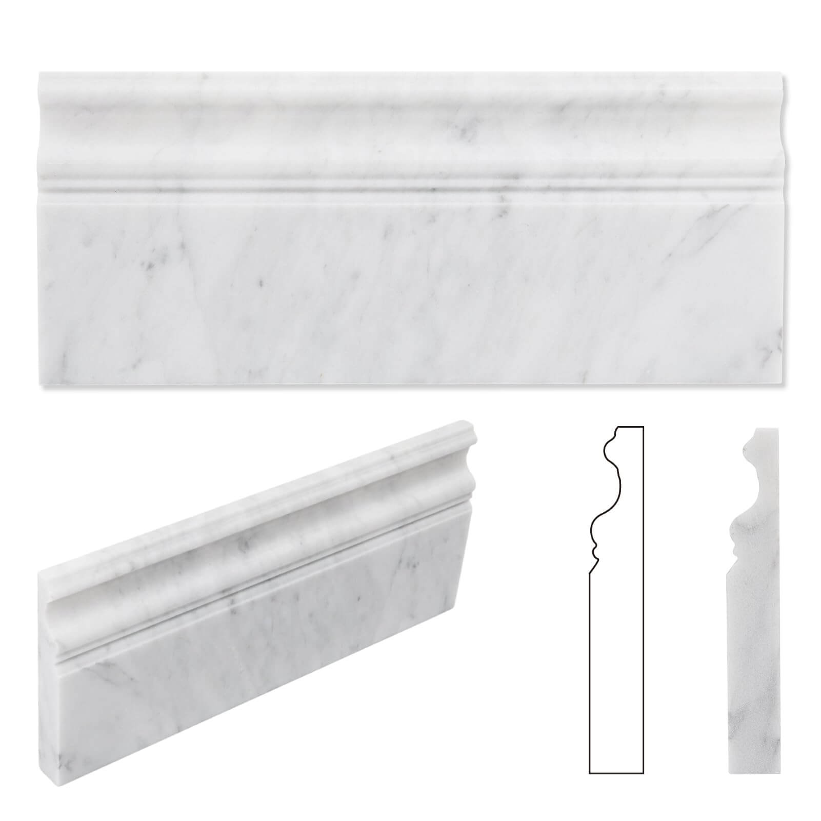Diflart Carrara White Marble Baseboard Molding Trim, 5x12 Inch, Honed, Bianco Italian Carrera Skirting Base Moulding for Bathroom Wall and Kitchen Backsplash (Crown, Honed)