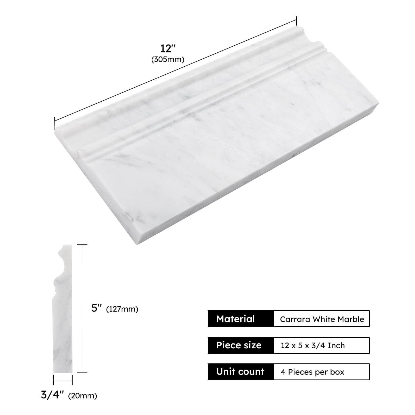 Diflart Carrara White Marble Baseboard Molding Trim, 5x12 Inch, Honed, Bianco Italian Carrera Skirting Base Moulding for Bathroom Wall and Kitchen Backsplash (Crown, Honed)