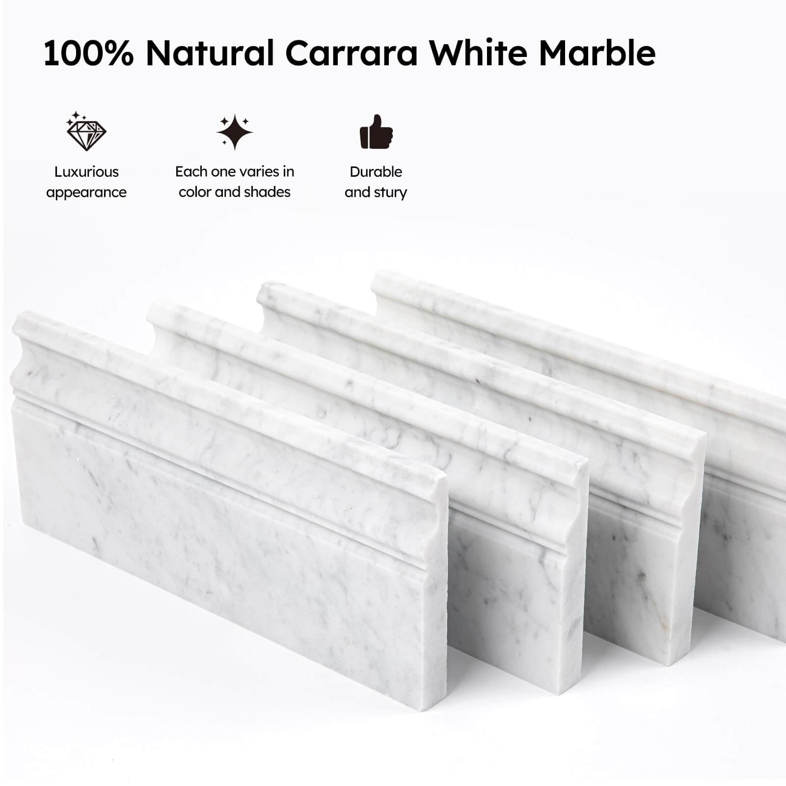 Diflart Carrara White Marble Baseboard Molding Trim, 5x12 Inch, Honed, Bianco Italian Carrera Skirting Base Moulding for Bathroom Wall and Kitchen Backsplash (Crown, Honed)