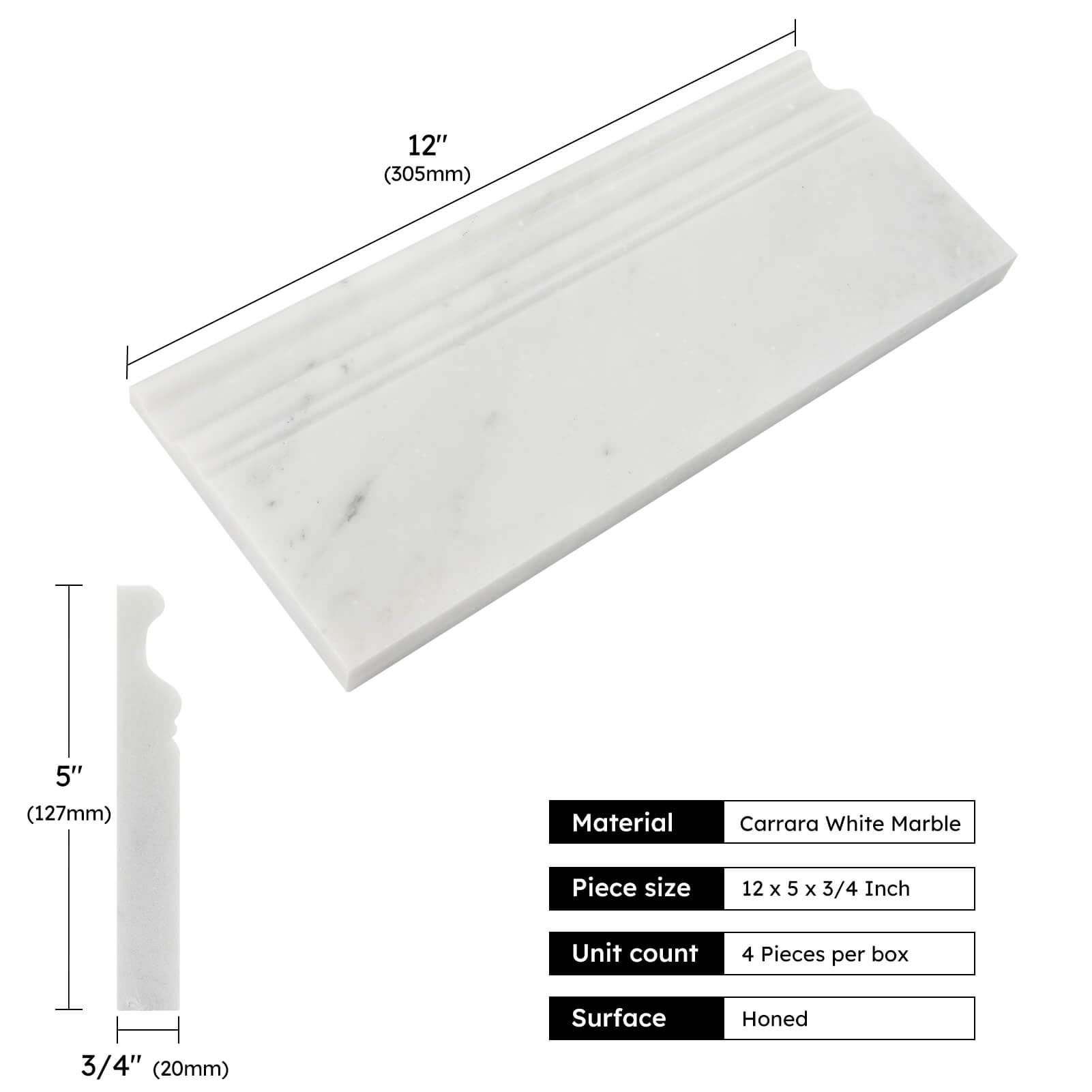 Diflart 4-Pack Carrara White Marble Baseboard Trim Molding, 5 x 12 Inch Round, Honed, Bianco Italian Carrera Marble Skirting Base Moulding for Shower Bathroom Wall Kitchen Backsplash