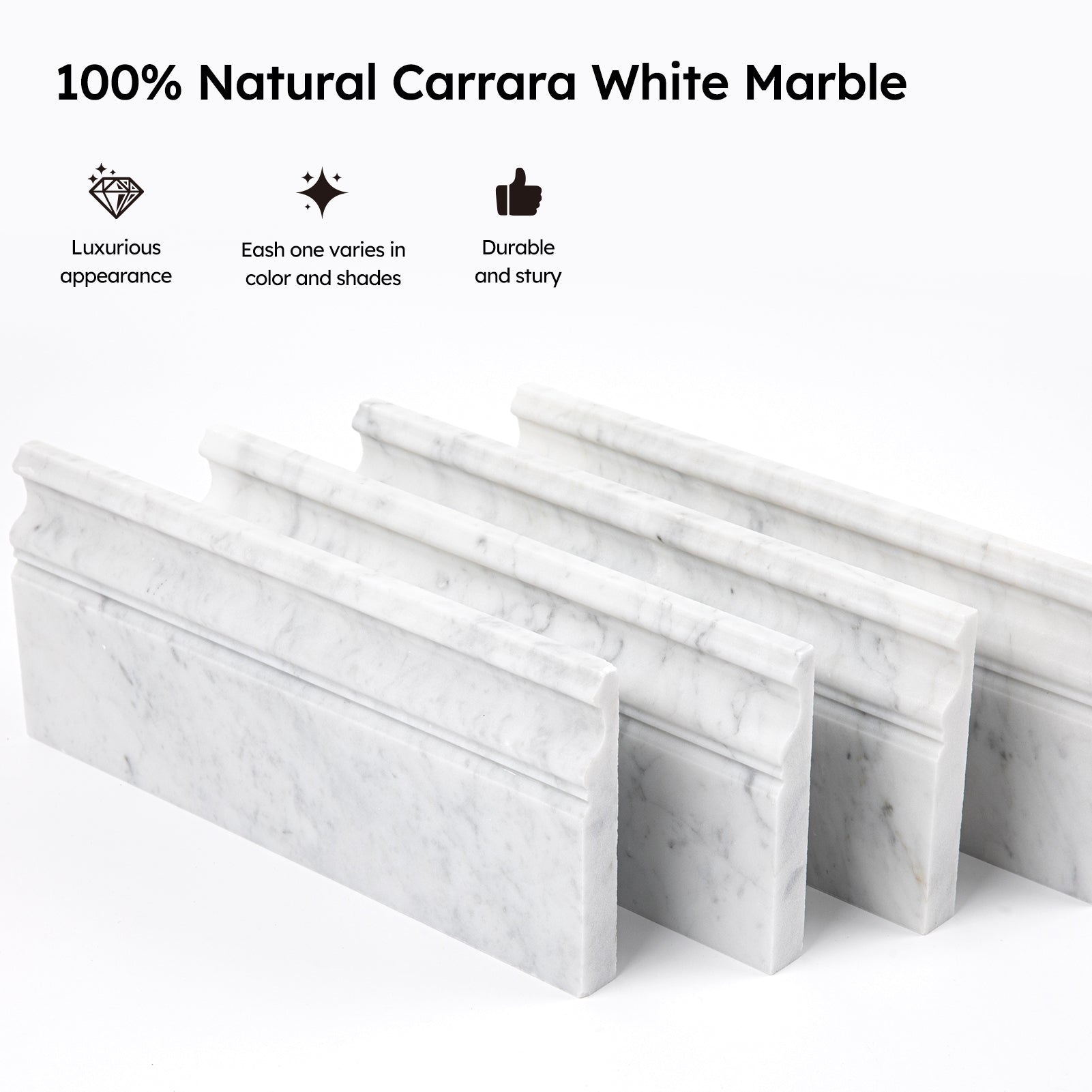 Diflart Carrara White Marble Baseboard Molding Trim, 5x12 Inch, Honed, Bianco Italian Carrera Skirting Base Moulding for Bathroom Wall and Kitchen Backsplash (Round, Honed)