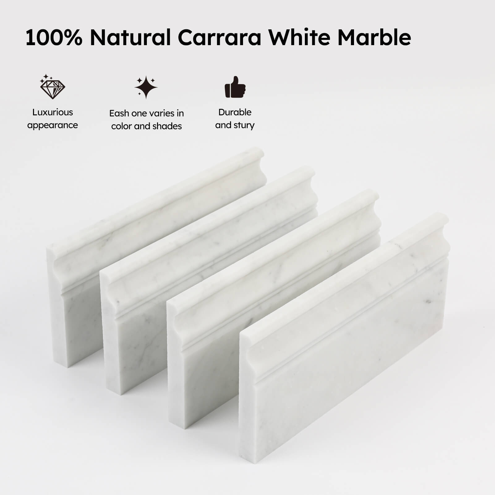 Diflart 4-Pack Carrara White Marble Baseboard Trim Molding, 5 x 12 Inch Round, Honed, Bianco Italian Carrera Marble Skirting Base Moulding for Shower Bathroom Wall Kitchen Backsplash
