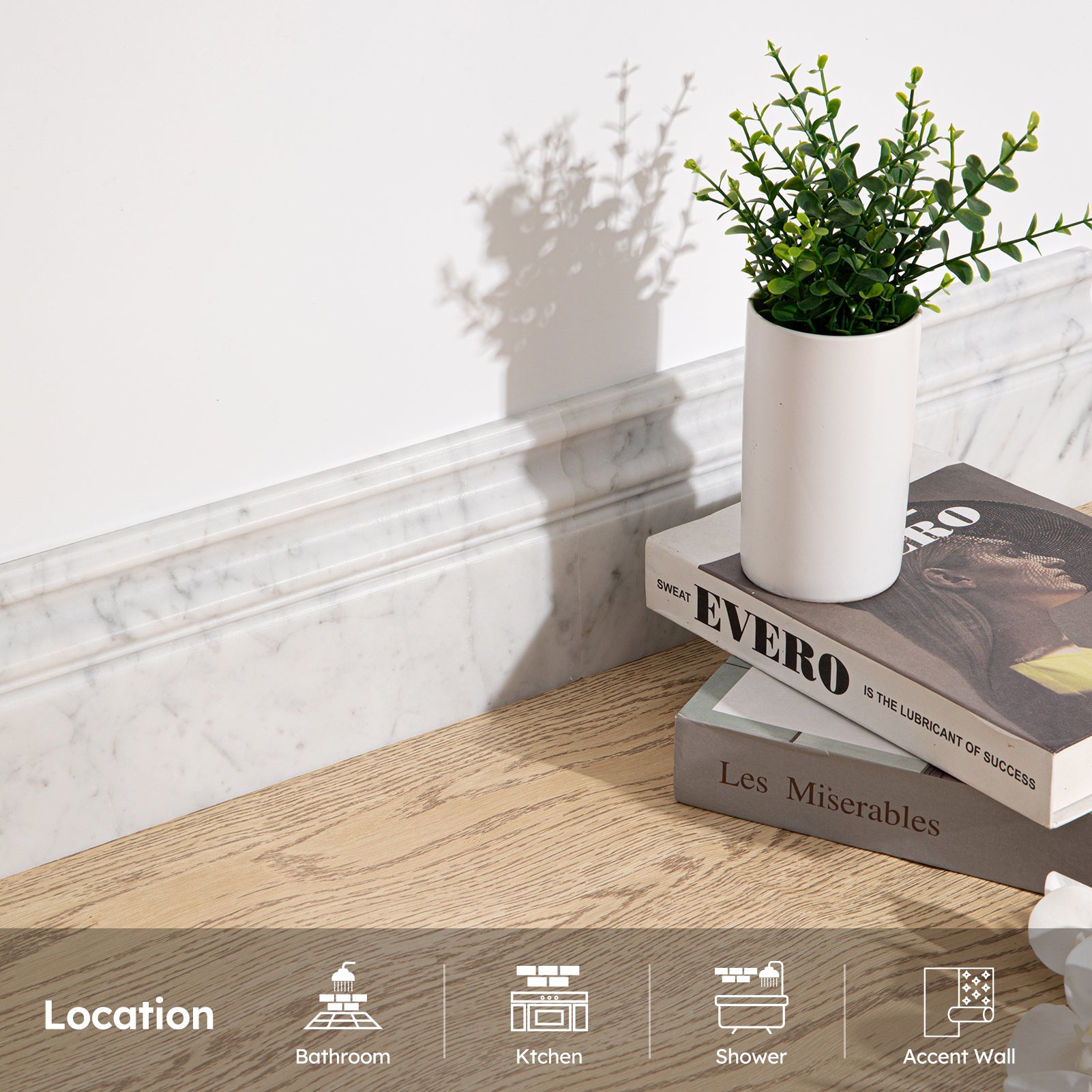 Diflart Carrara White Marble Baseboard Molding Trim, 5x12 Inch, Honed, Bianco Italian Carrera Skirting Base Moulding for Bathroom Wall and Kitchen Backsplash (Round, Honed)