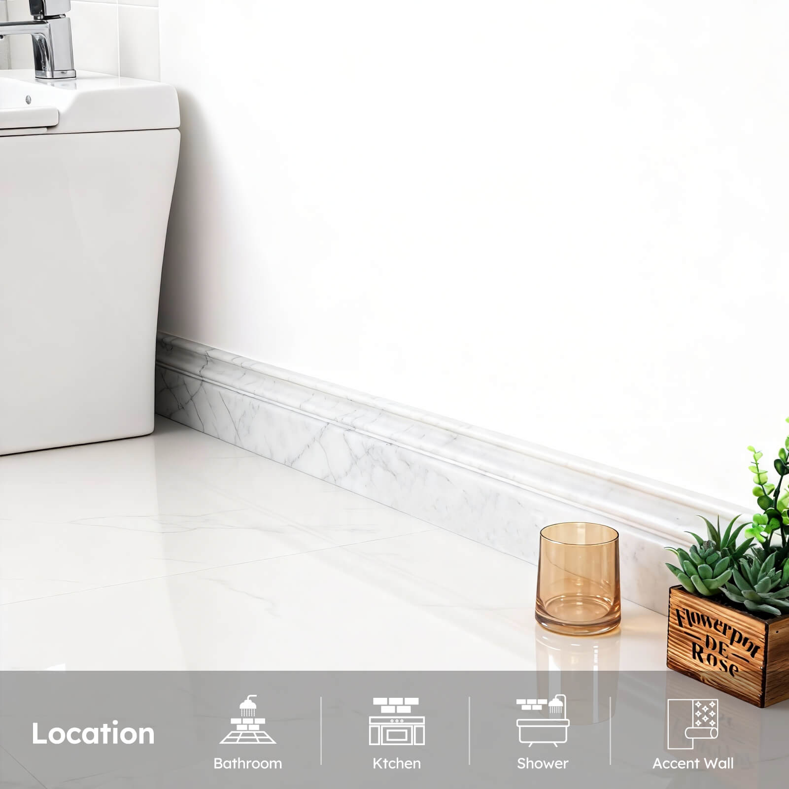 Diflart 4-Pack Carrara White Marble Baseboard Trim Molding, 5 x 12 Inch Round, Honed, Bianco Italian Carrera Marble Skirting Base Moulding for Shower Bathroom Wall Kitchen Backsplash