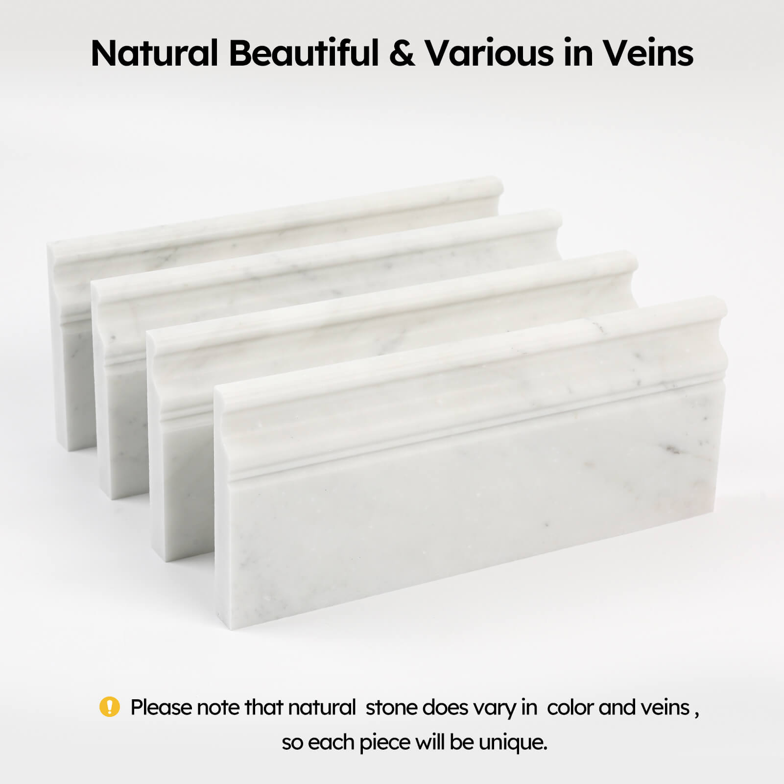 Diflart 4-Pack Carrara White Marble Baseboard Trim Molding, 5 x 12 Inch Round, Honed, Bianco Italian Carrera Marble Skirting Base Moulding for Shower Bathroom Wall Kitchen Backsplash