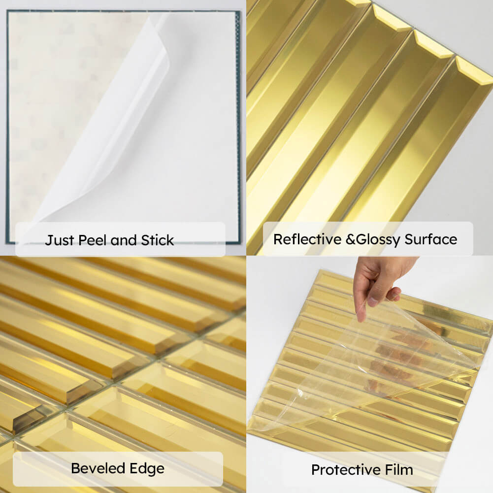 Diflart Peel and Stick Beveled Gold Mirror Glass Tile 12 x12 Inch for Kitchen Backsplash Bathroom Accent Wall Pack of 5 Sq.ft