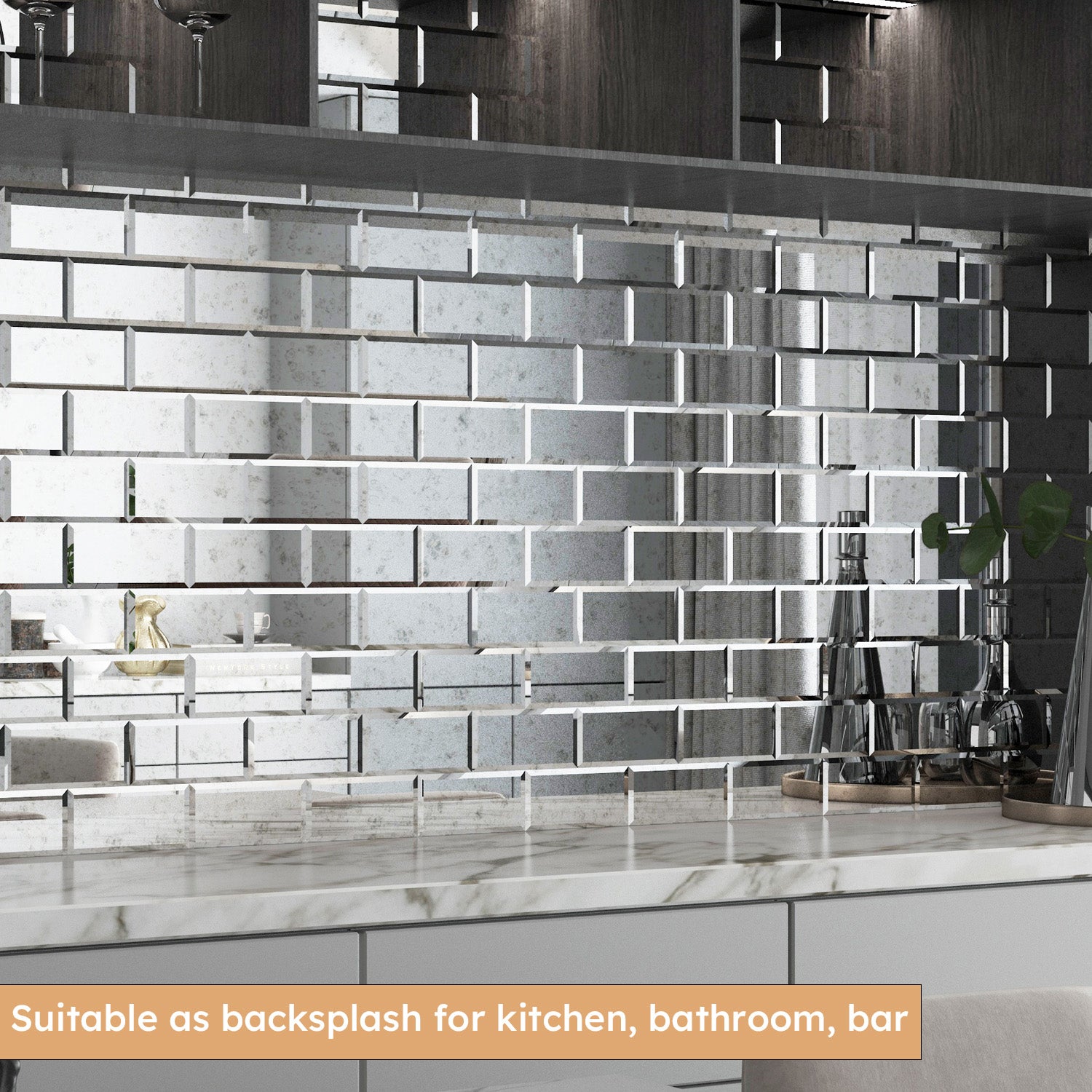 Diflart Peel and Stick Antique Mirror Subway Tile, 3 x 6 Inch, 5 Sq.ft, Beveled Mirror Backsplash Tiles for Kitchen Bathroom Wall Pack of 40 Pieces