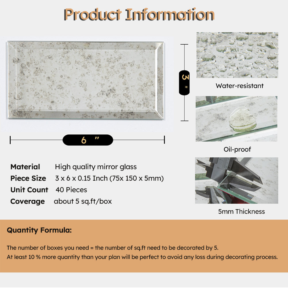 Diflart Peel and Stick Antique Mirror Subway Tile, 3 x 6 Inch, 5 Sq.ft, Beveled Mirror Backsplash Tiles for Kitchen Bathroom Wall Pack of 40 Pieces