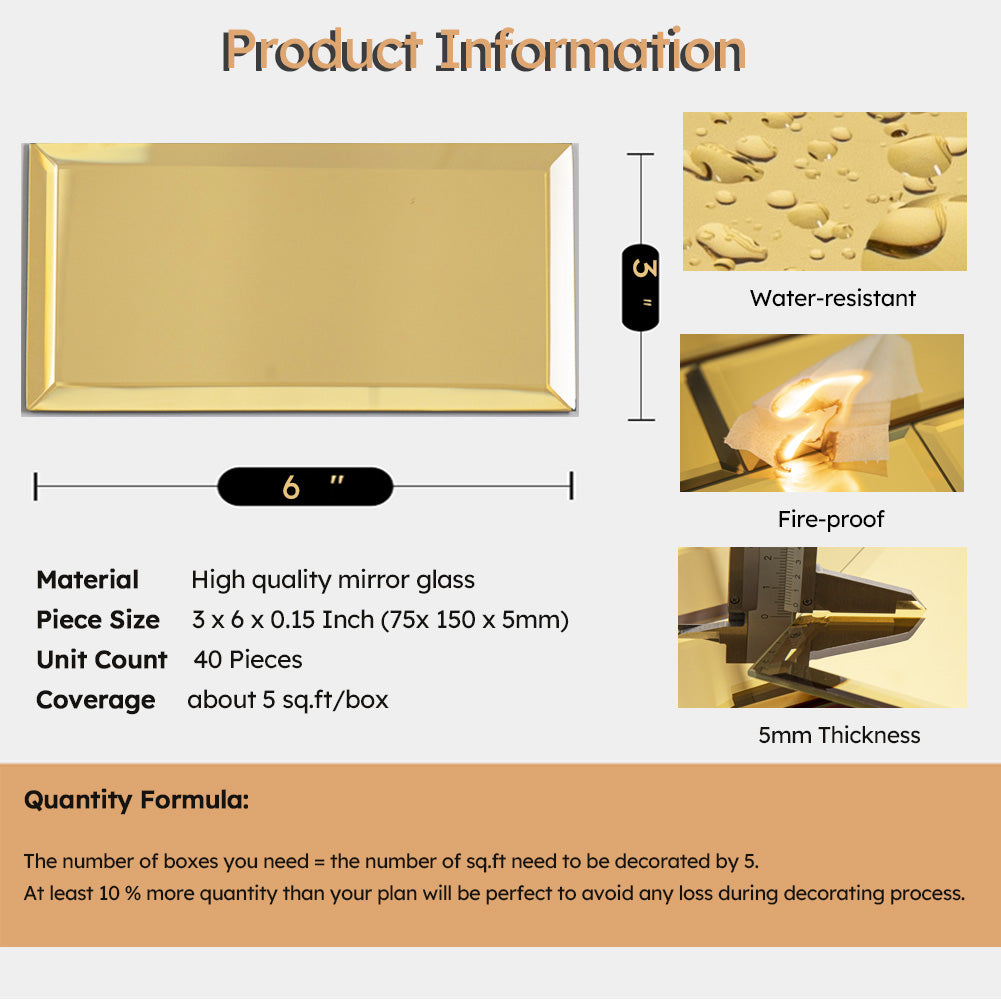 Diflart Peel and Stick Mirror Subway Tile, 3 x 6 Inch, Gold, Beveled Mirror Backsplash Tiles for Kitchen Bathroom Wall Pack of 40 Pcs