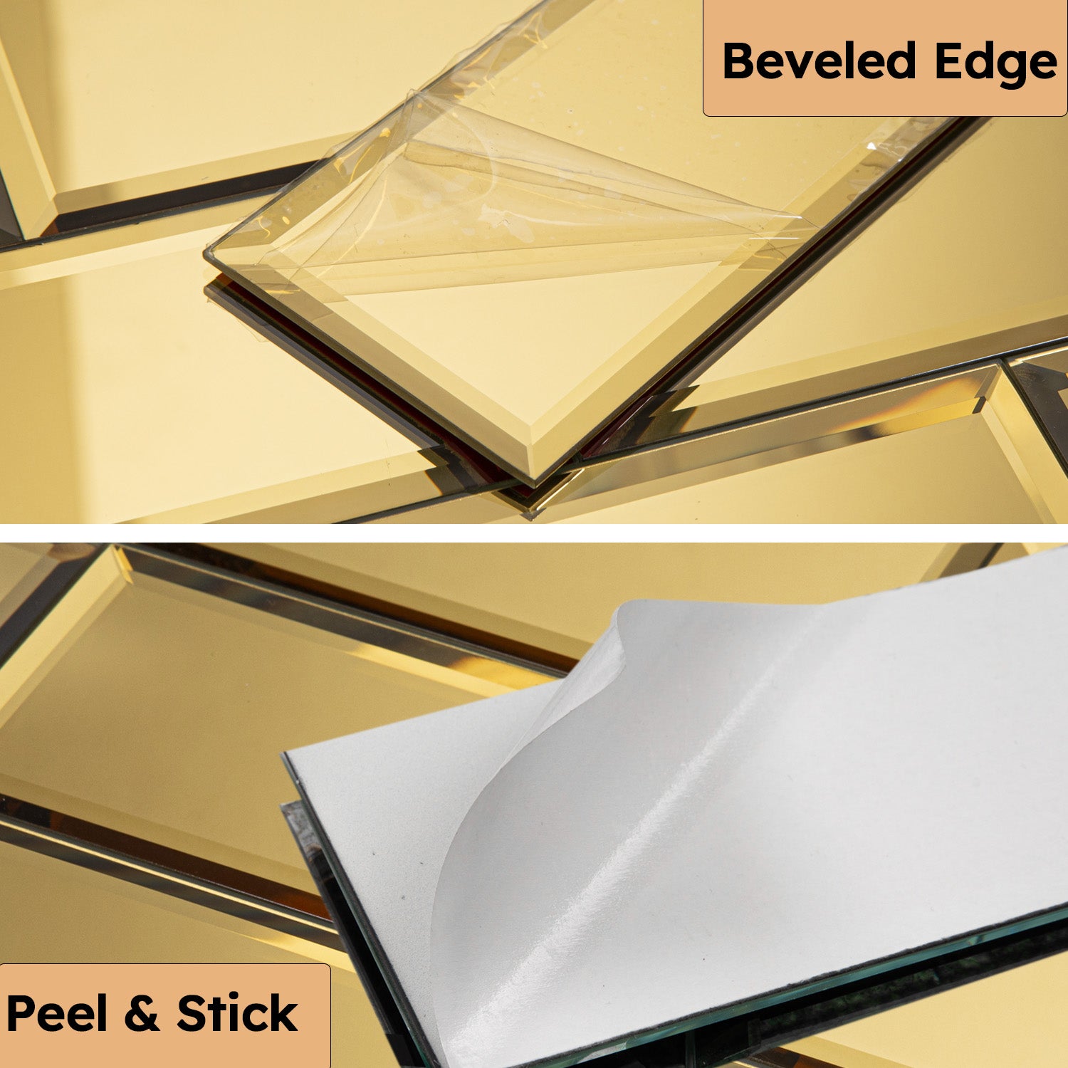 Diflart Peel and Stick Mirror Subway Tile, 3 x 6 Inch, Gold, Beveled Mirror Backsplash Tiles for Kitchen Bathroom Wall Pack of 40 Pcs