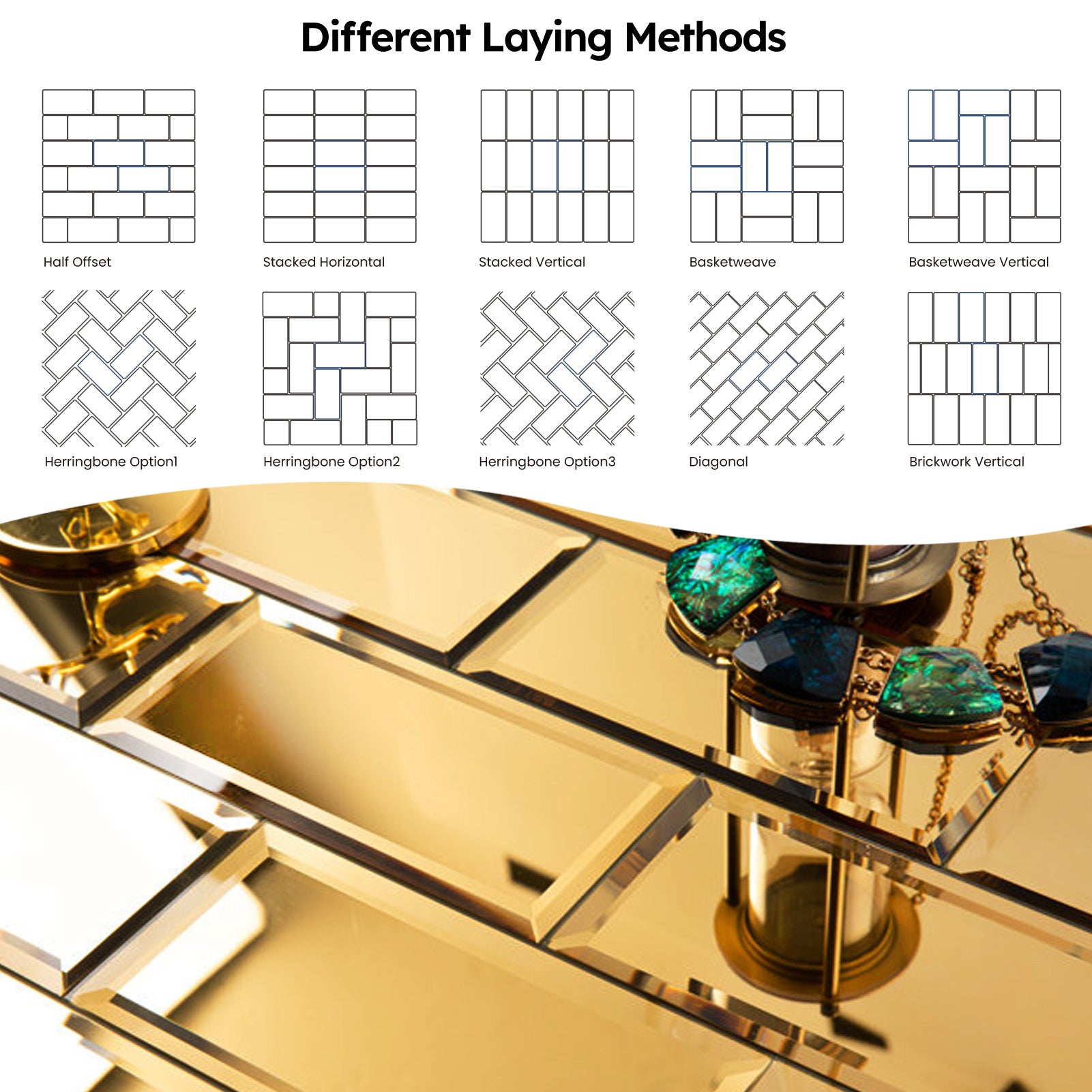 Diflart Peel and Stick Mirror Subway Tile, 3 x 6 Inch, Gold, Beveled Mirror Backsplash Tiles for Kitchen Bathroom Wall Pack of 40 Pcs