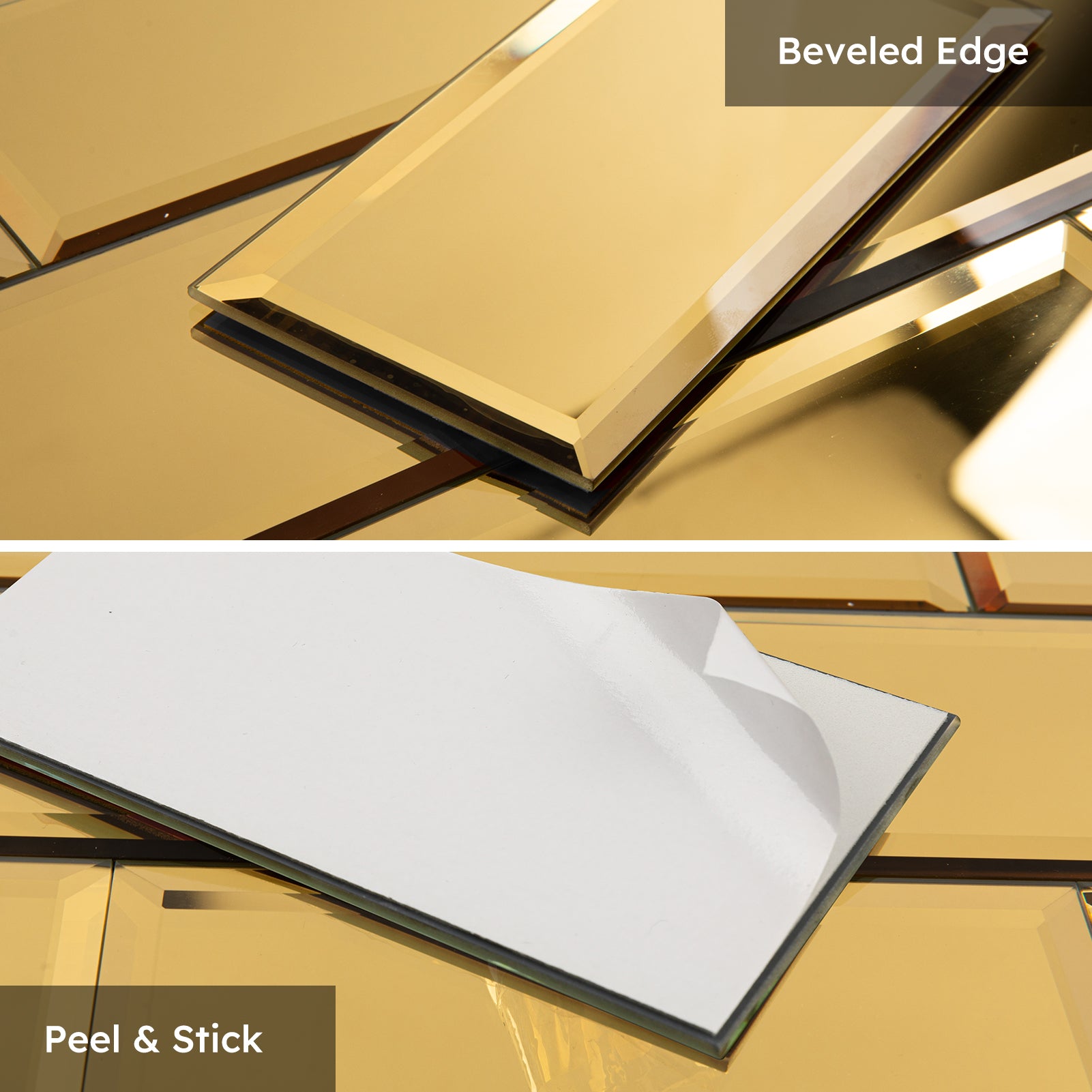Diflart Peel and Stick Mirror Subway Tile, 3 x 6 Inch, Gold, Beveled Mirror Backsplash Tiles for Kitchen Bathroom Wall Pack of 40 Pcs