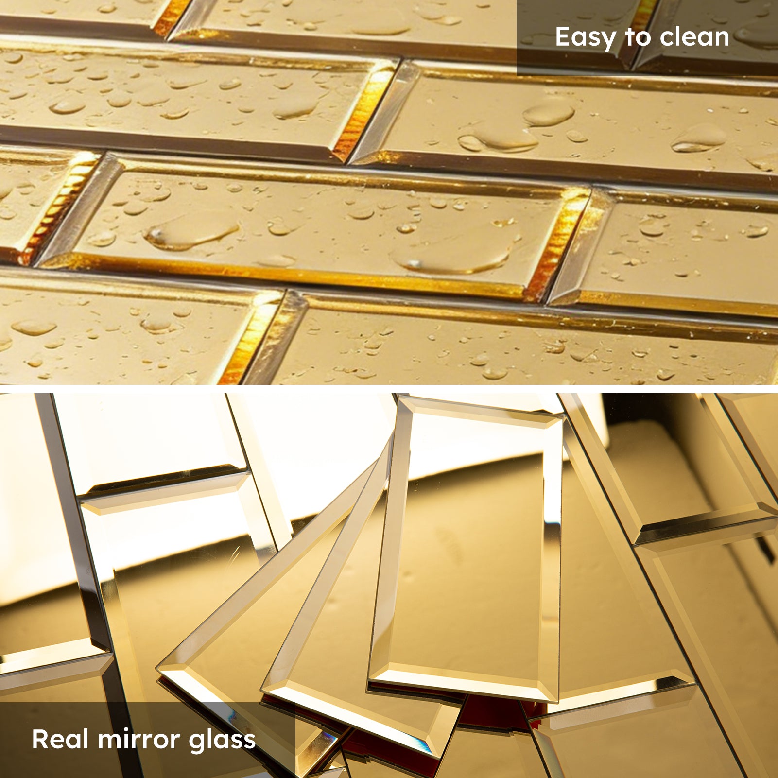 Diflart Peel and Stick Mirror Subway Tile, 3 x 6 Inch, Gold, Beveled Mirror Backsplash Tiles for Kitchen Bathroom Wall Pack of 40 Pcs