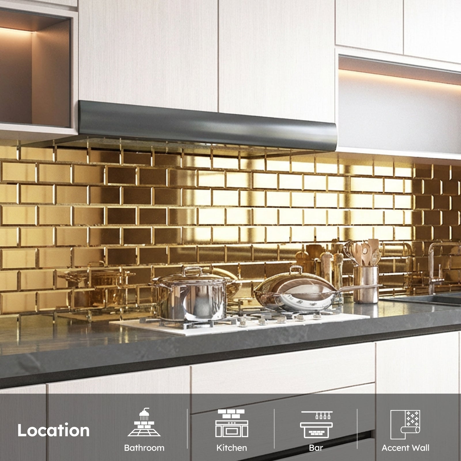 Diflart Peel and Stick Mirror Subway Tile, 3 x 6 Inch, Gold, Beveled Mirror Backsplash Tiles for Kitchen Bathroom Wall Pack of 40 Pcs