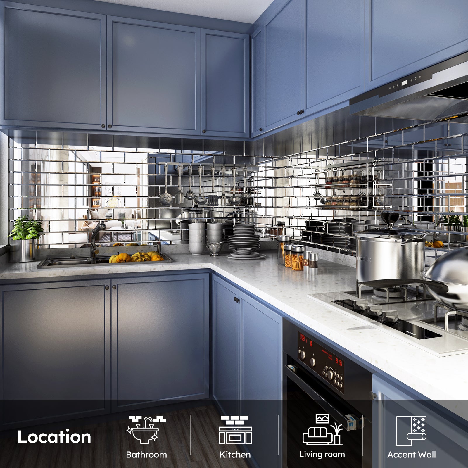 Diflart Beveled Mirror Backsplash Tiles for Kitchen, Silver Subway, 4x8 Inch, Mirror TIile for Bathroom Wall (26 Pcs,5.7 Sq.ft)