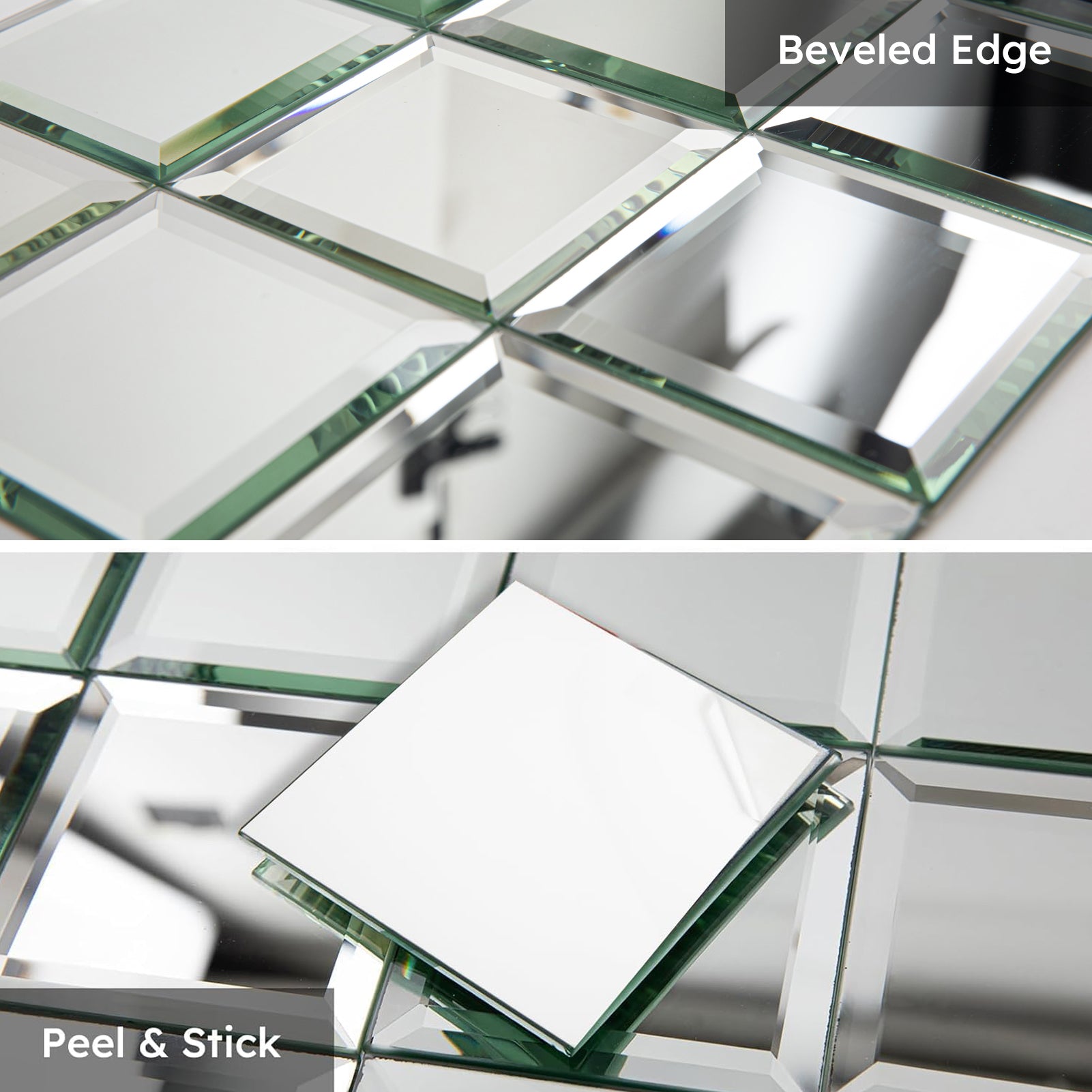 Diflart Peel and Stick Beveled Mirror Backsplash Tile, Silver, 3 x 3 Inch, Mirror Square Tiles for Kitchen Bathroom Wall Pack of 32 Pieces
