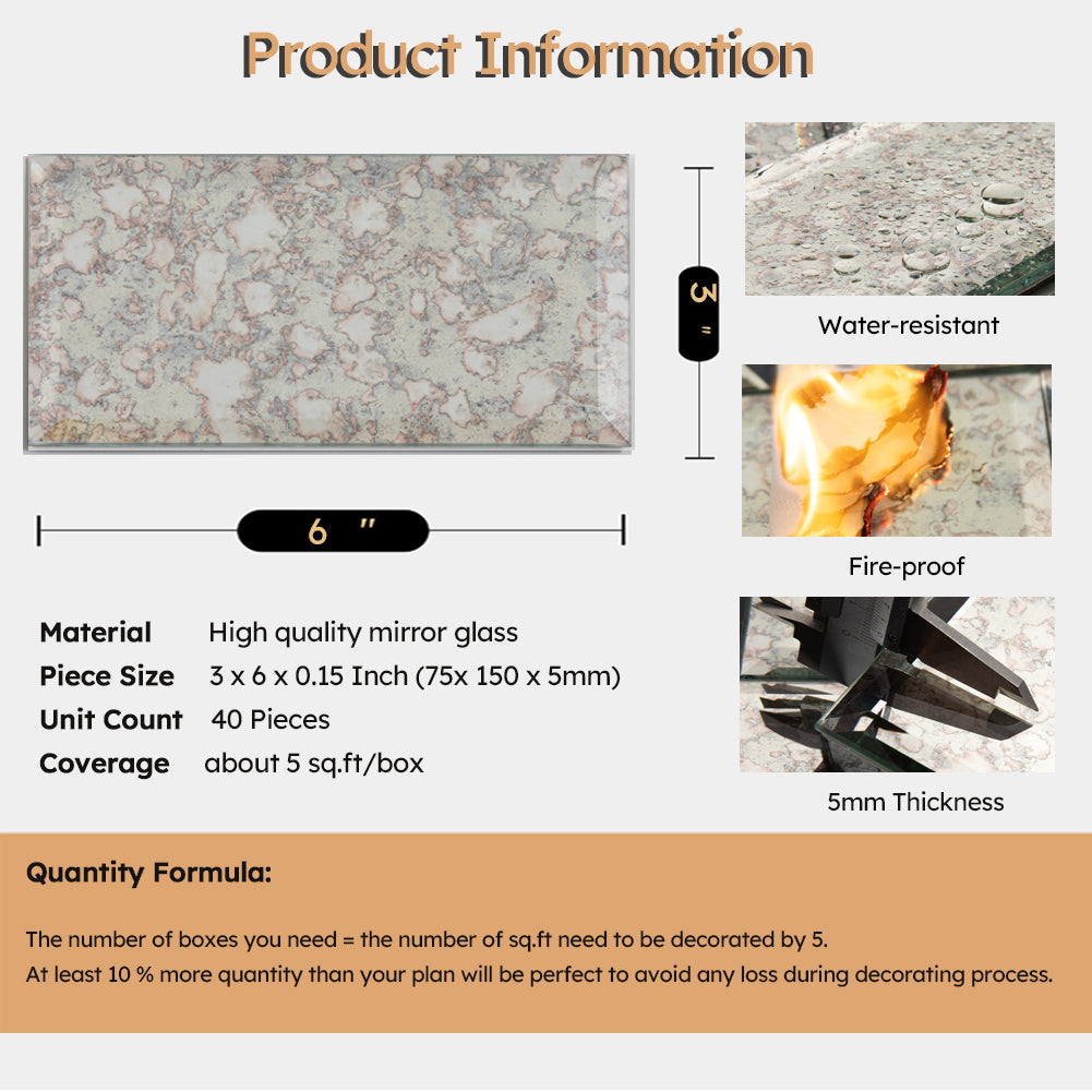 Diflart Peel and Stick Antique Beveled Mirror Subway Tile, 3 x 6 Inch, Polished, MT24