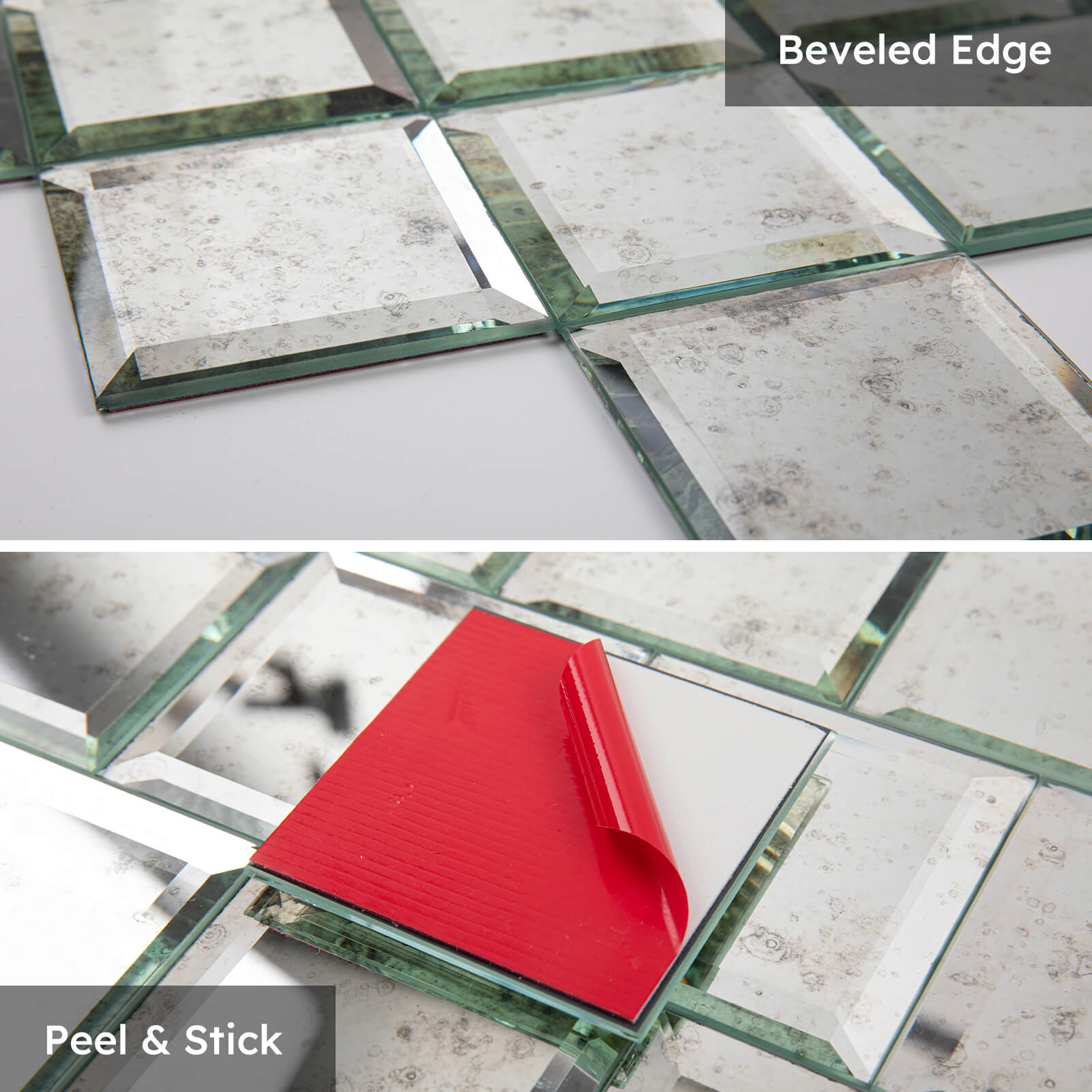 Diflart Peel and Stick Beveled Mirror Backsplash Tile, Light Antique, 3 x 3 Inch, Mirror Square Tiles for Kitchen Bathroom Wall Pack of 32 Pcs