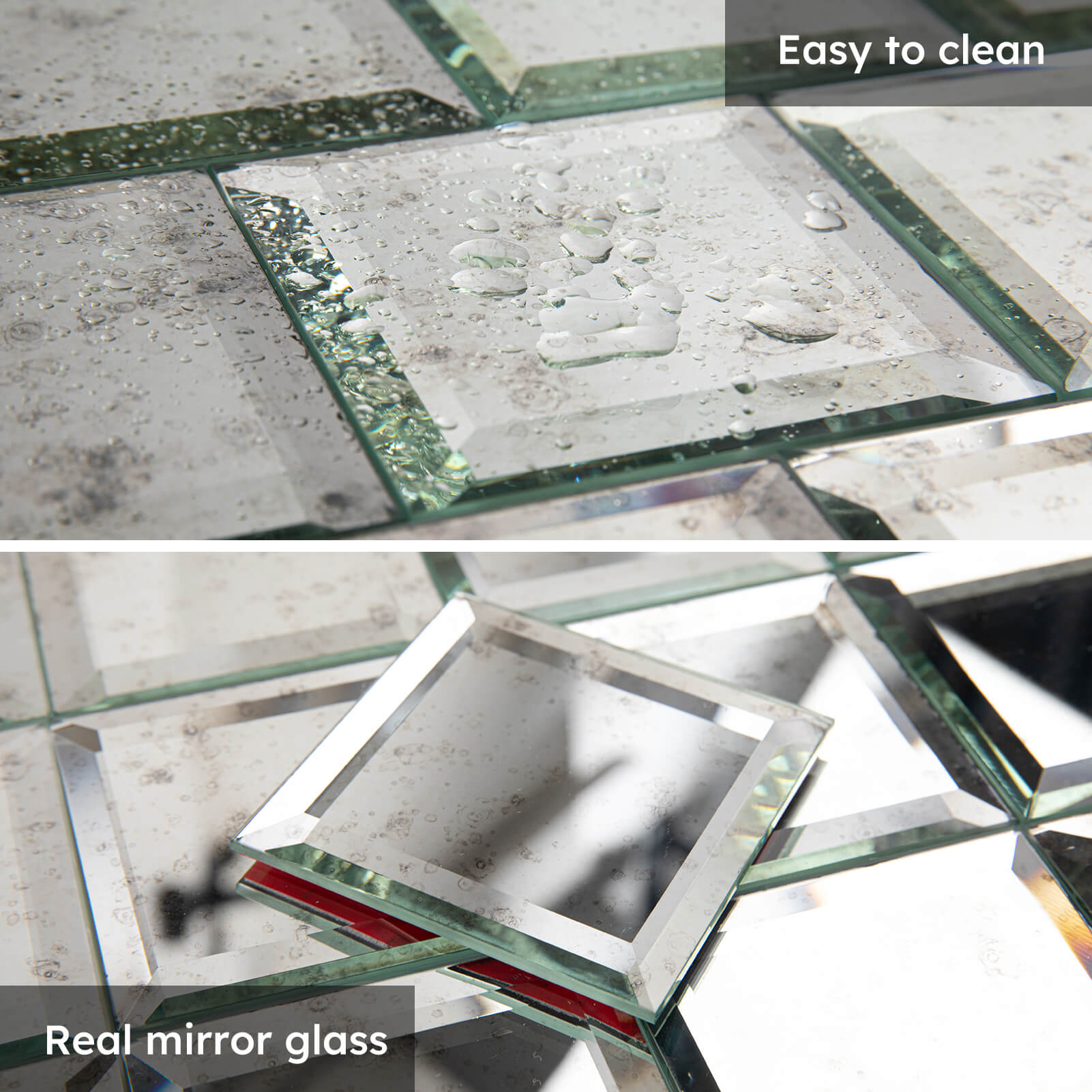 Diflart Peel and Stick Beveled Mirror Backsplash Tile, Light Antique, 3 x 3 Inch, Mirror Square Tiles for Kitchen Bathroom Wall Pack of 32 Pcs