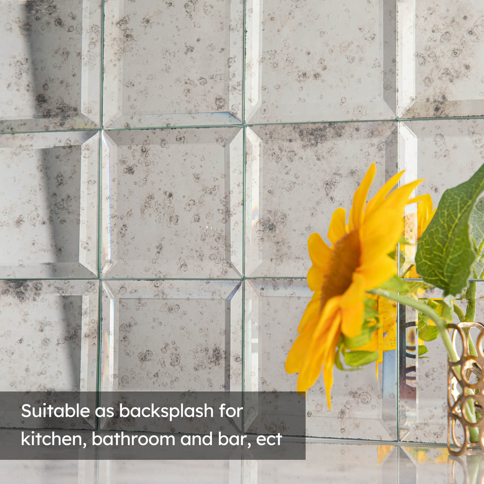 Diflart Peel and Stick Beveled Mirror Backsplash Tile, Light Antique, 3 x 3 Inch, Mirror Square Tiles for Kitchen Bathroom Wall Pack of 32 Pcs