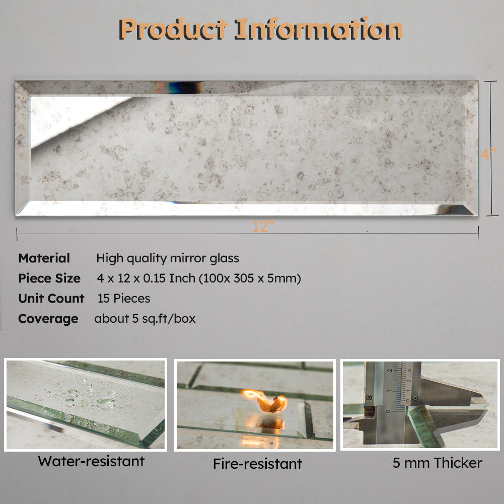 Diflart Antique Mirror Tiles, Peel and Stick, 4x12 Inch, 5 Sq.ft, Beveled Mirror Glass Subway Tile, Mirror Backsplash Tiles for Kitchen Bathroom Wall, Pack of 15 Pcs