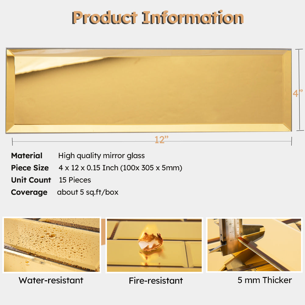Beveled Gold Mirror Backsplash Subway Tiles 4x12 Inch Peel and Stick Pack of 15 Pcs