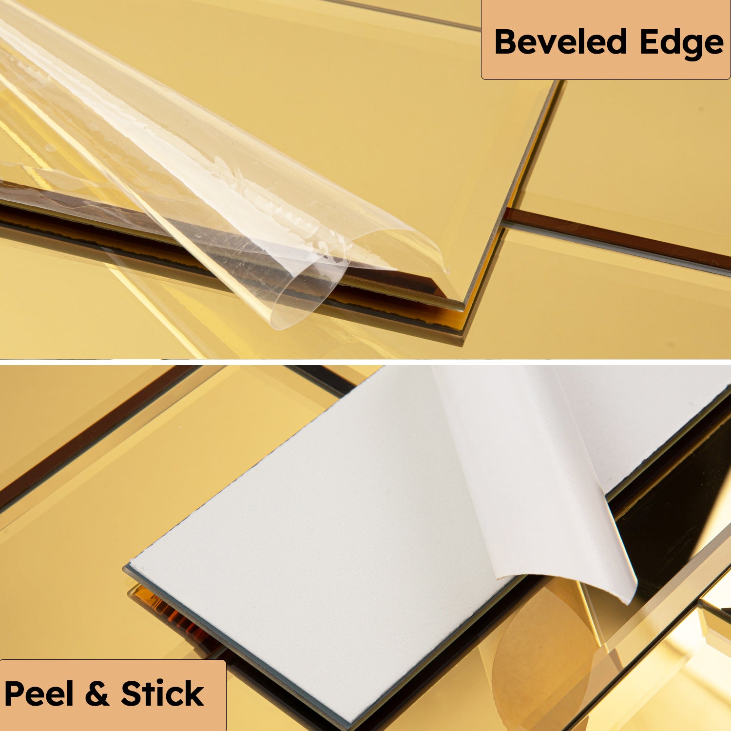 Diflart Mirror Backsplash Gold Peel and Stick Beveled Subway Tile 4x12 Inch for Kitchen Bathroom Wall Pack of 15 Pcs