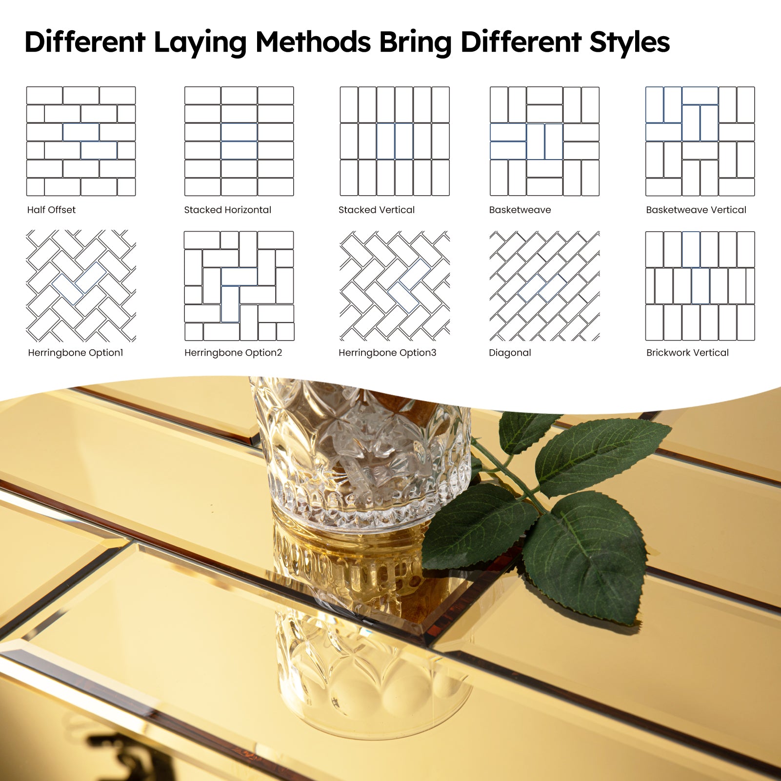 Diflart Mirror Backsplash Gold Peel and Stick Beveled Subway Tile 4x12 Inch for Kitchen Bathroom Wall Pack of 15 Pcs