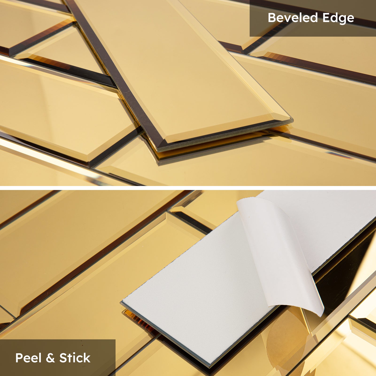 Diflart Mirror Backsplash Gold Peel and Stick Beveled Subway Tile 4x12 Inch for Kitchen Bathroom Wall Pack of 15 Pcs