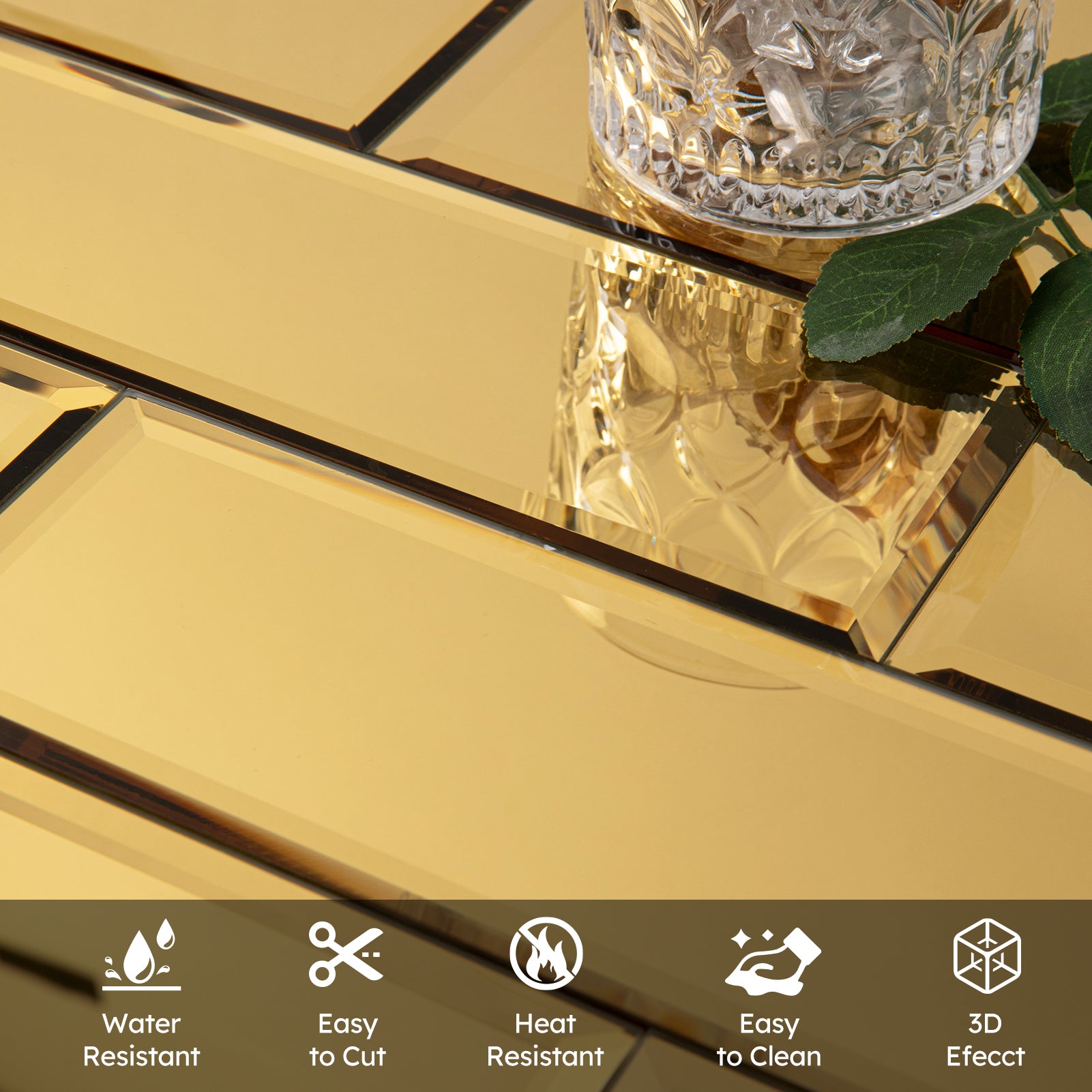 Diflart Mirror Backsplash Gold Peel and Stick Beveled Subway Tile 4x12 Inch for Kitchen Bathroom Wall Pack of 15 Pcs