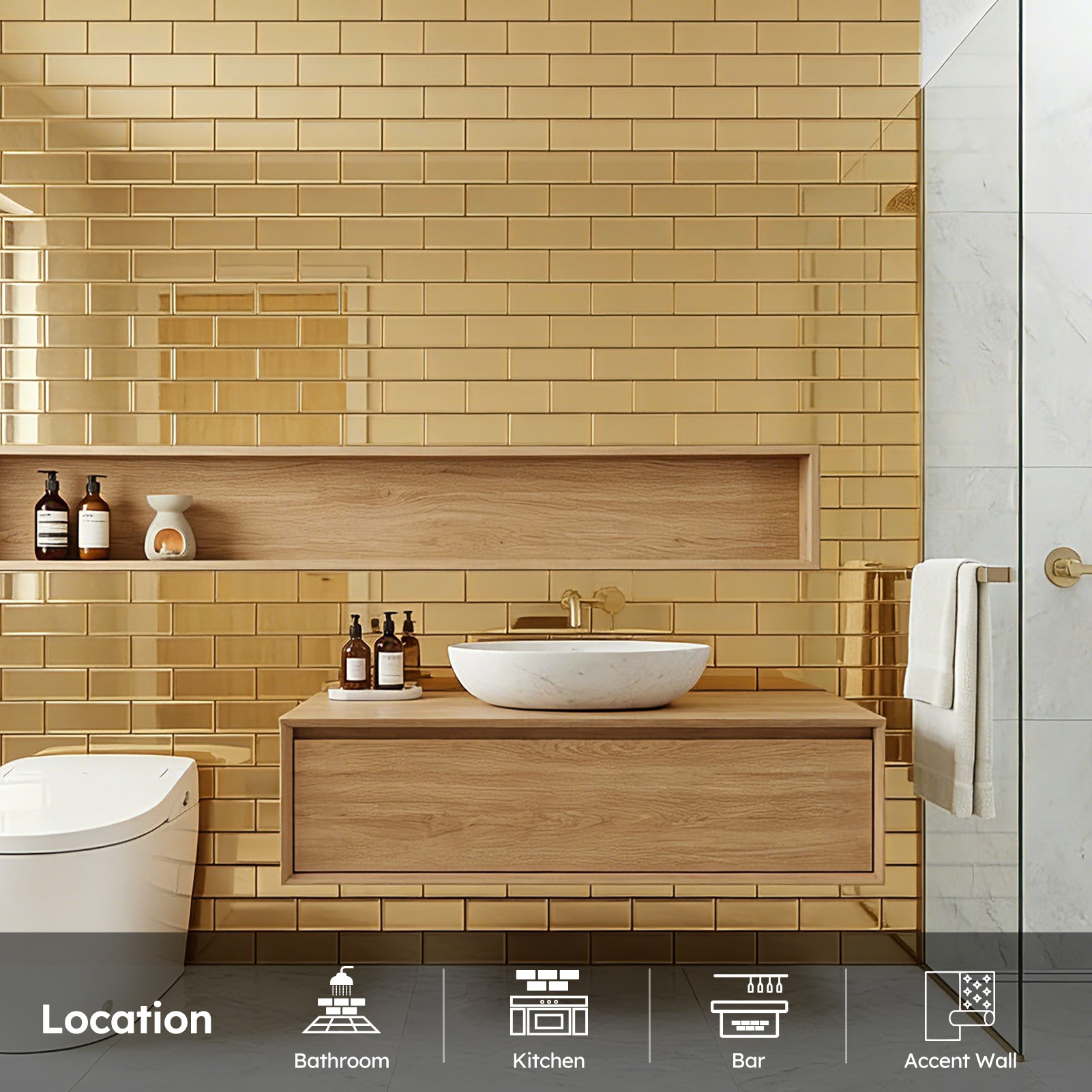 Diflart Mirror Backsplash Gold Peel and Stick Beveled Subway Tile 4x12 Inch for Kitchen Bathroom Wall Pack of 15 Pcs