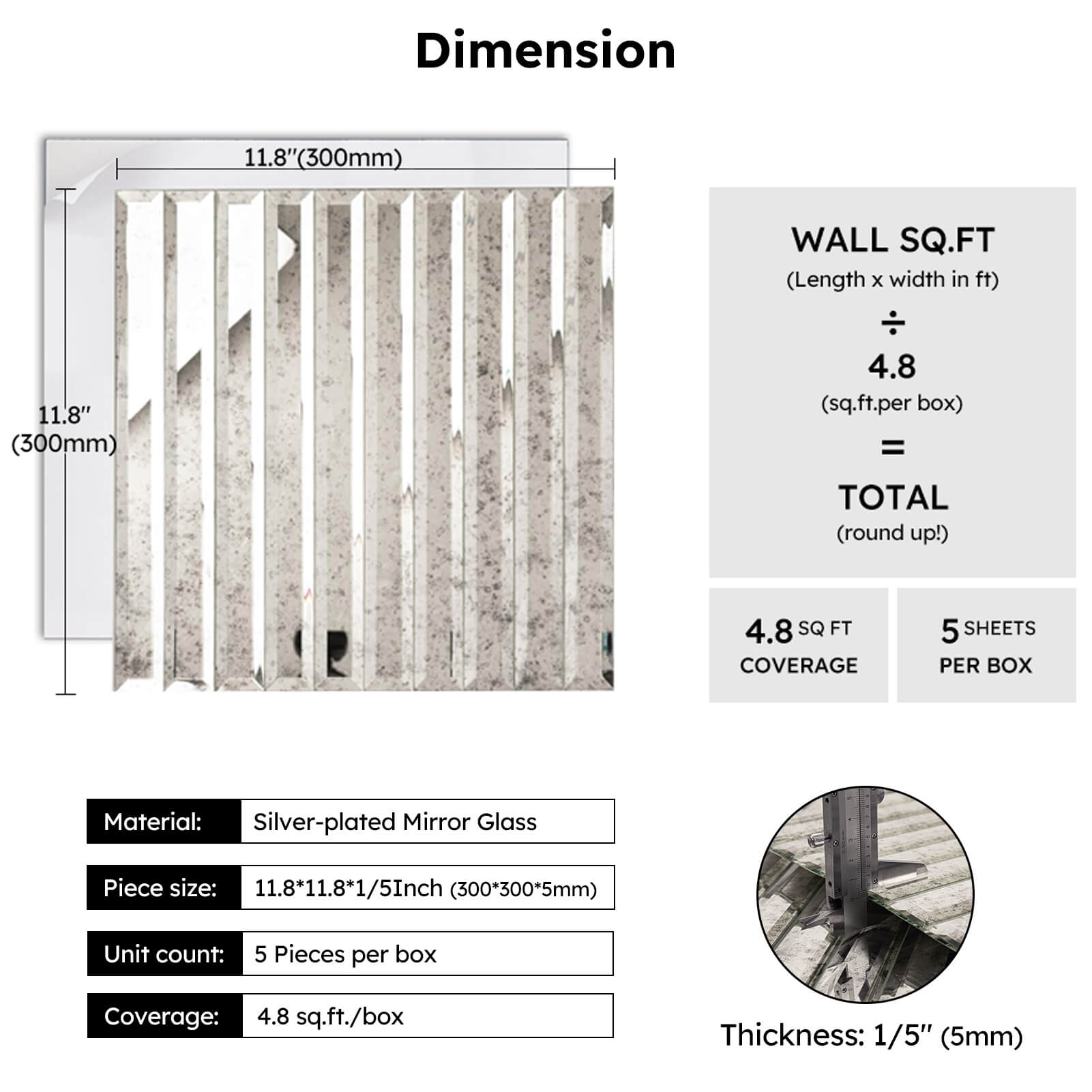 Diflart Peel and Stick Beveled Light Antique Mirror Glass Tile 12 x12 Inch for Kitchen Backsplash Bathroom Accent Wall Pack of 5 Sq.ft