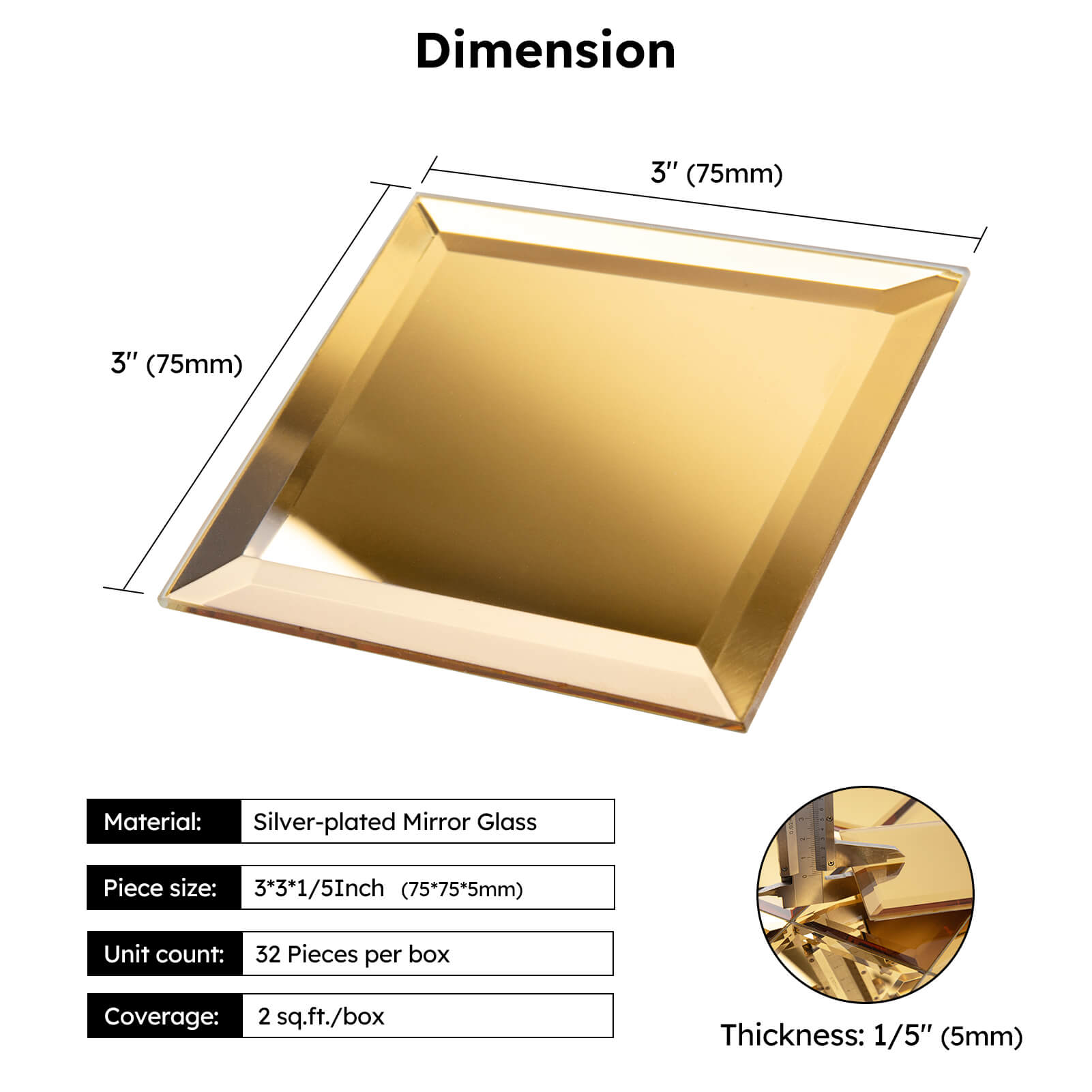 Diflart Peel and Stick Beveled Mirror Backsplash Tile, Gold, 3 x 3 Inch, Mirror Square Tiles for Kitchen Bathroom Wall Pack of 32 Pieces